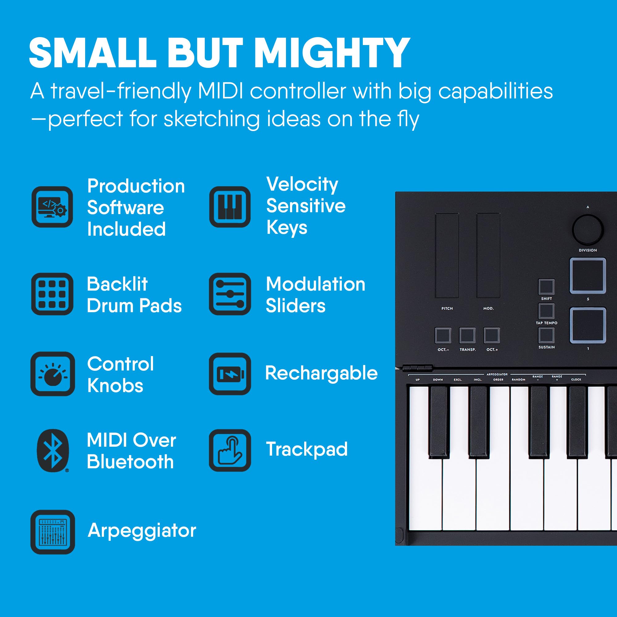 Carry-on FC-25 Clavier Contrôleur Midi sur USB Pliable 25 Touches 8 Percussions Rétro-éclairés Inc Cubase LE OEM et Logiciel Cubase LE OEM IOS DAW