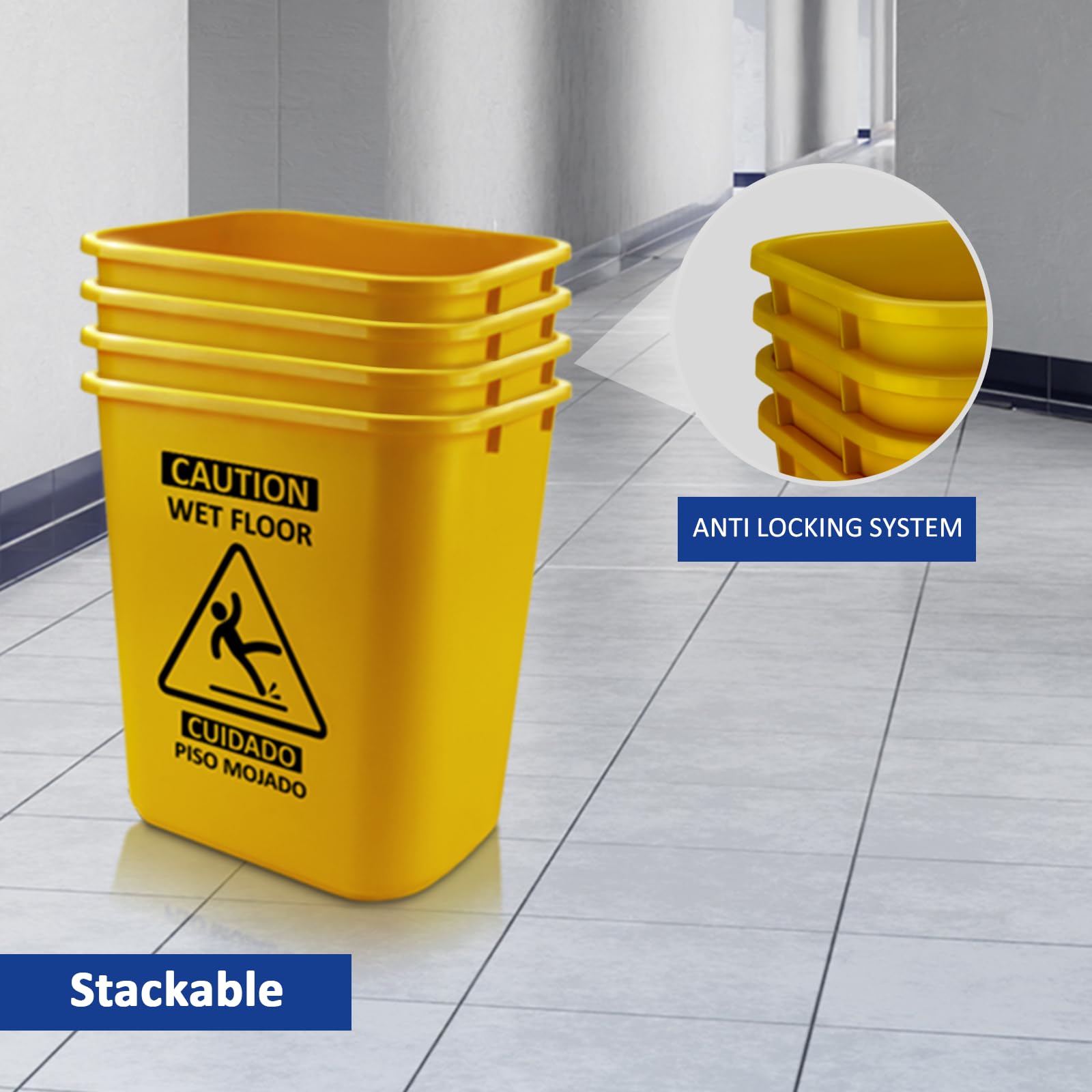 Acrimet Letrero de cubo y piso húmedo, cubo colector de fugas, suelo húmedo de precaución, letrero de seguridad bilingüe en ambos lados en inglés y español, 27 cuartos de galón (plástico) (color