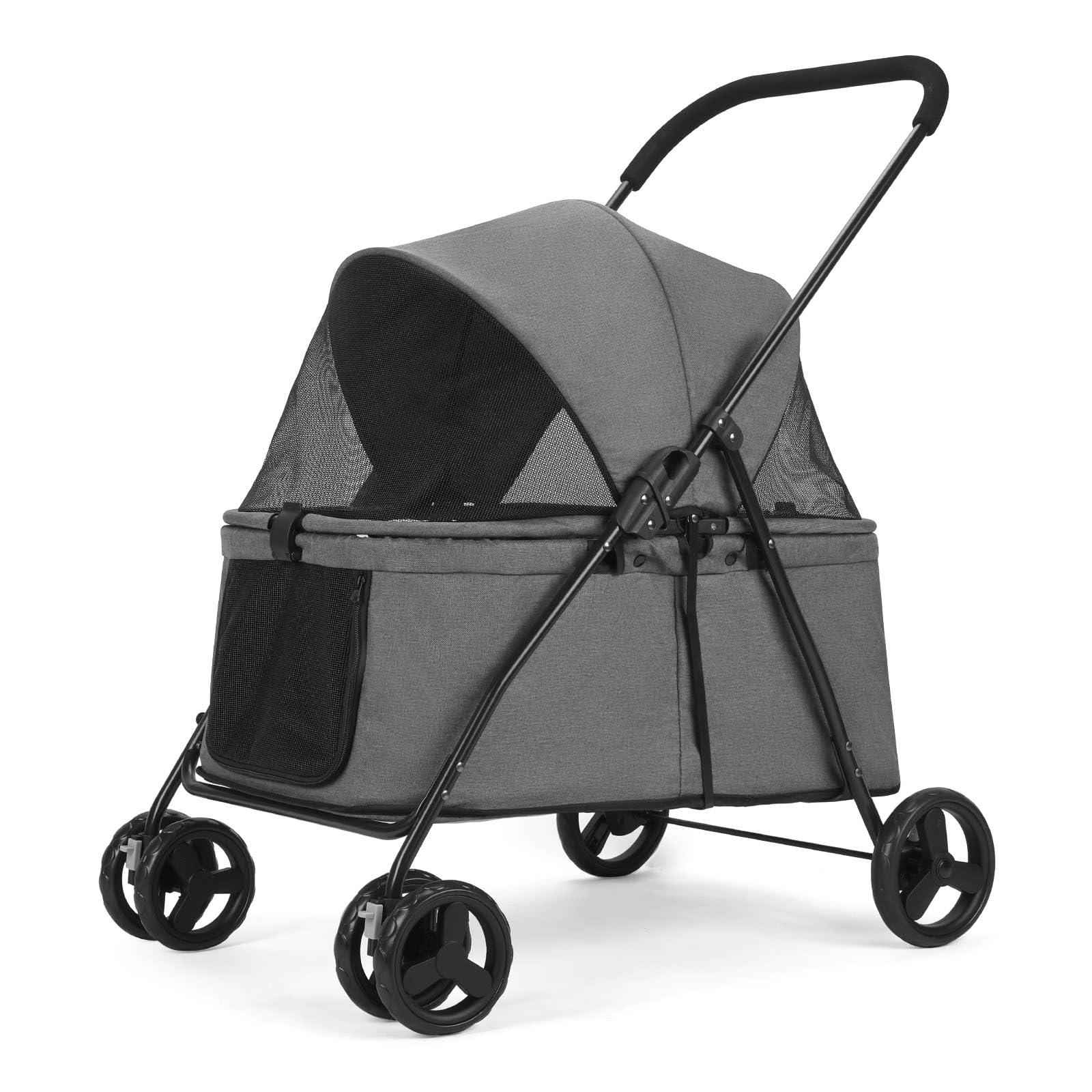 Dog Stroller with 4 Heavy Duty Wheels, Puppy Travel Carts, Foldable Pet Stroller with Adjustable Handle - Double Doggie Capacity Jogger Wagon with Back Front Door for Small Medium Dogs (Grey)