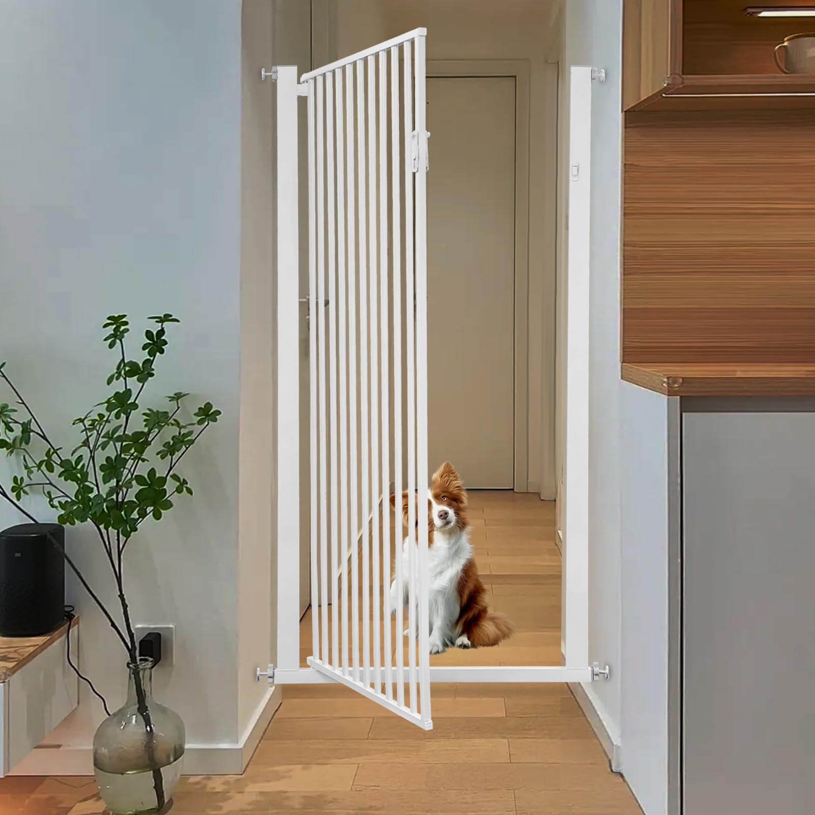 Barrera de seguridad para escaleras para niños, rejilla de puerta de 150 cm para gatos, rejilla de puerta sin perforación para bebés, gatos y perros | Ancho: 90-97 cm | Gira a ambos lados (270°