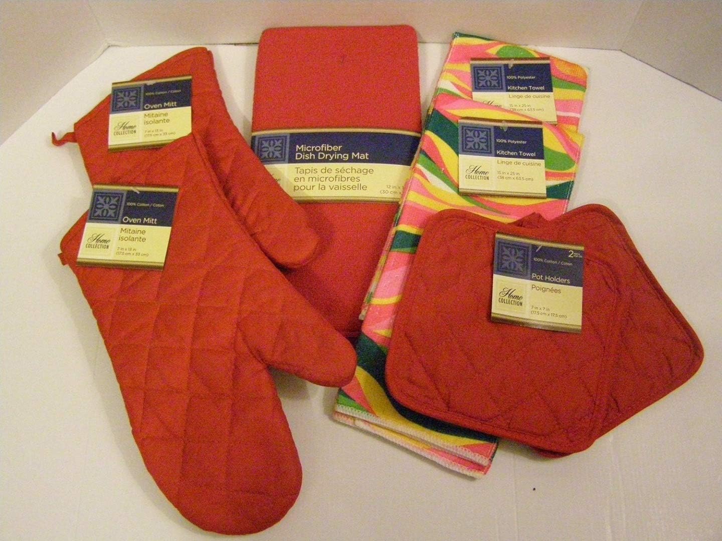 Bundle of Kitchen Linens by Home Collection Featuring Kitchen Towels, Pot Holders, Oven Mitts, Dishcloths, Dish Drying Mat 7, Red & Multicolored Wavy Design
