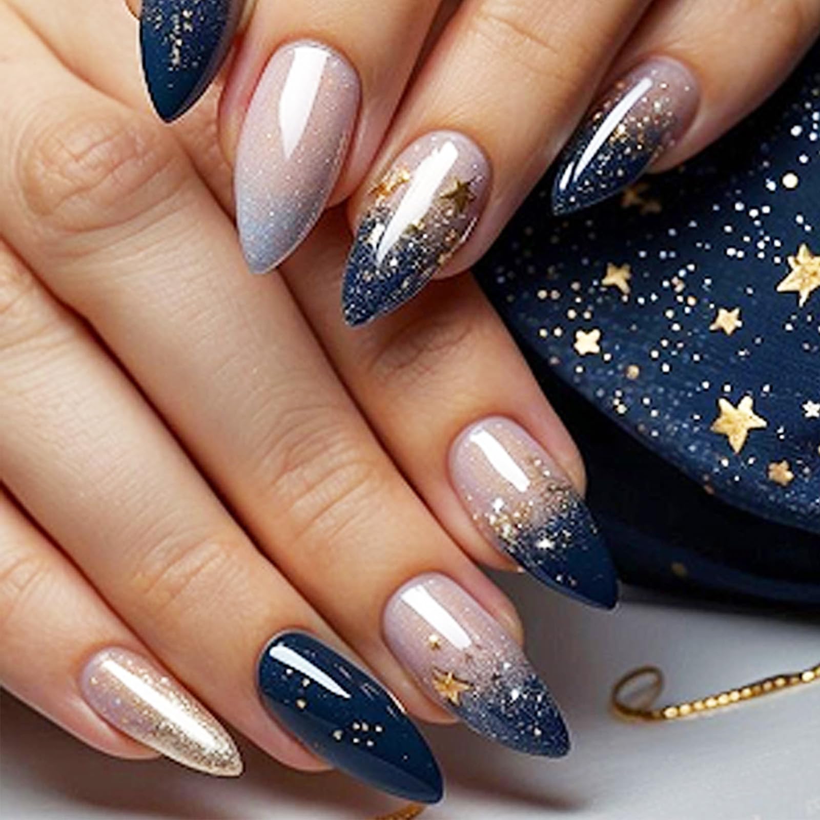 Starry Sky Press on Nails 24Pcs Glossy Blue Gradient False Nails Gold Stars Acrylic Medium Almond Fake Nail Silver Glitter Stick on Fingernails Polk