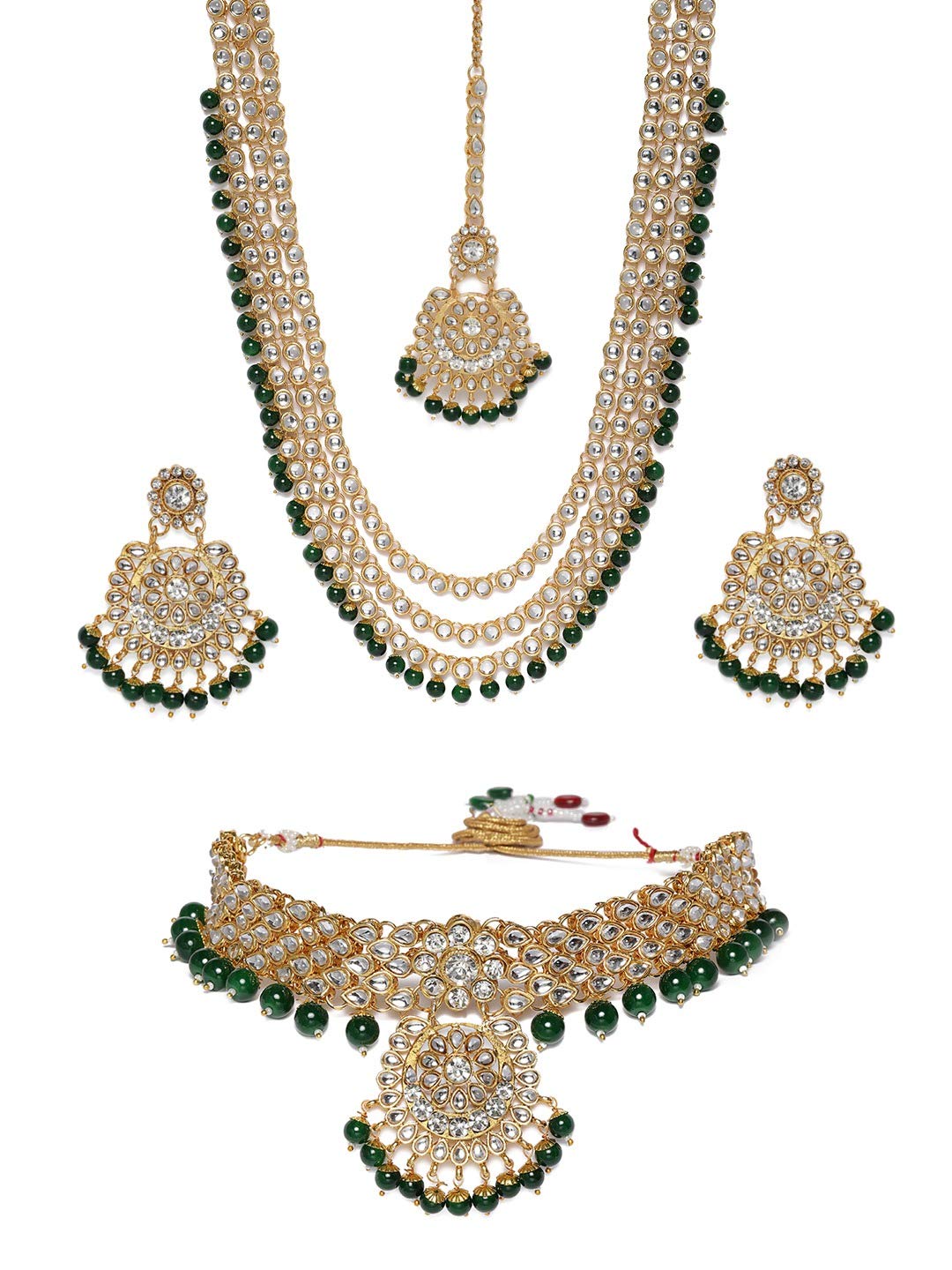 ZAVERI PEARLS Green Beads Bridal Kundan Choker & Long Necklace, Earring & Maangtikka Set For Women-ZPFK9793