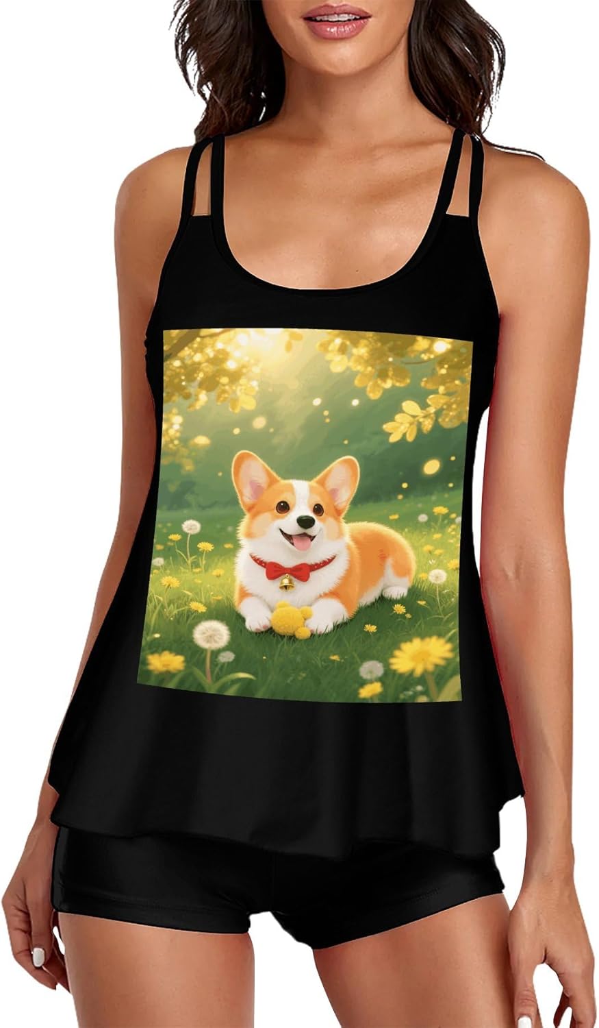 Corgi Tankini Swimsuits for Women Tummy Control Two Piece Bathing Suits Swim Tops with Boy Shorts