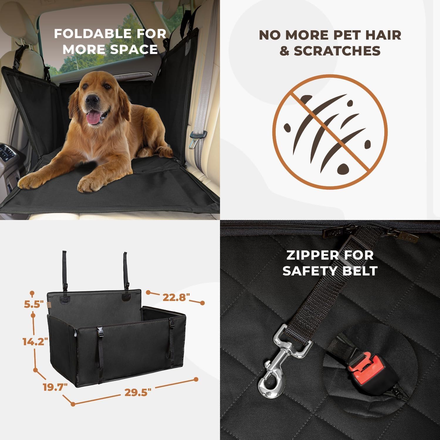 Extra Stabiler Hunde Autositz für Rücksitz mit Sicherheitsgurt – Robuster Hundesitz Auto mit 4 Befestigungsgurten, rutschfest & Komfortabel für Große Hunde(Schwarz, M)
