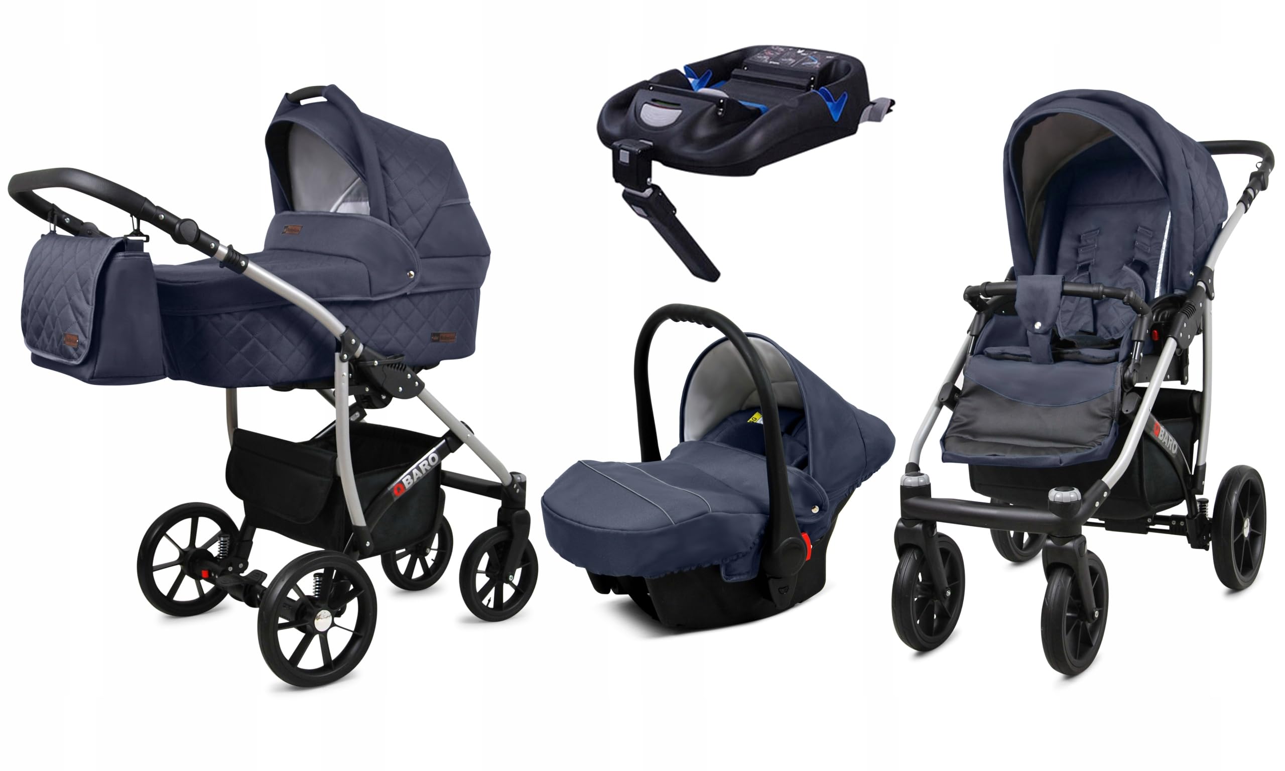BabyLux® Zestaw wózków dziecięcych 4 w 1 – Qbaro – w zestawie wanienka dla niemowląt, fotelik sportowy, fotelik samochodowy, stacja bazowa ISOFIX – fotelik samochodowy – zestaw wózków dziecięcych