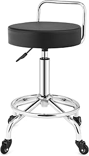 ERGOMASTER Rolling Pneumatic Work Foot Stool, 26 Inch Adjustable Bar Counter Height Stools with Backrest Wheels, Swivel Shop Stool Chair for Home Office Spa Hair Salon Tattoo Shop Makeup, Black