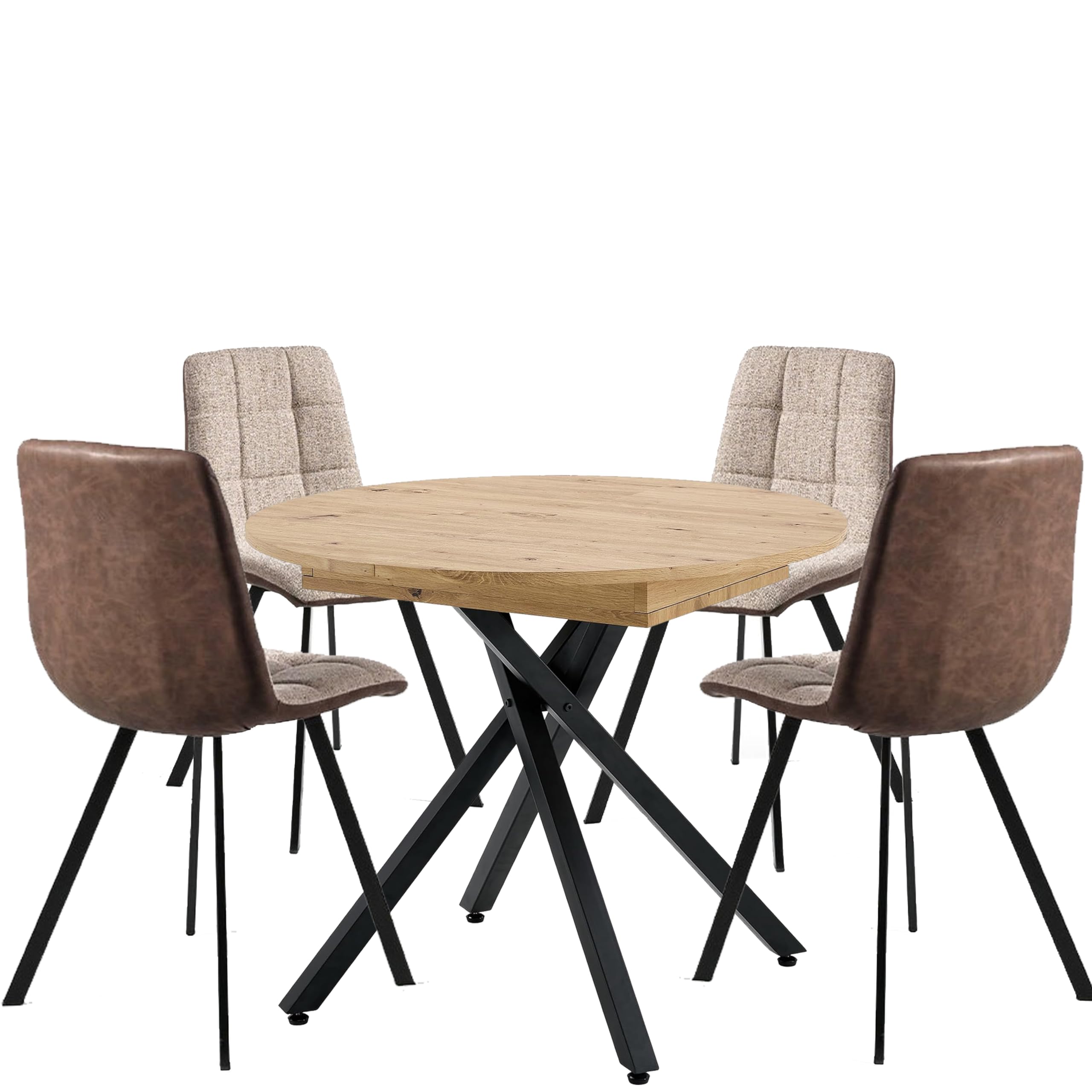 MOMMA HOME Mesa de Comedor Redonda Extensible + 4 sillas Estilo Industrial Comedor, Mesa Roble con Patas metálicas combinación, Madera y Metal (Tela/​Polipiel Marrón)