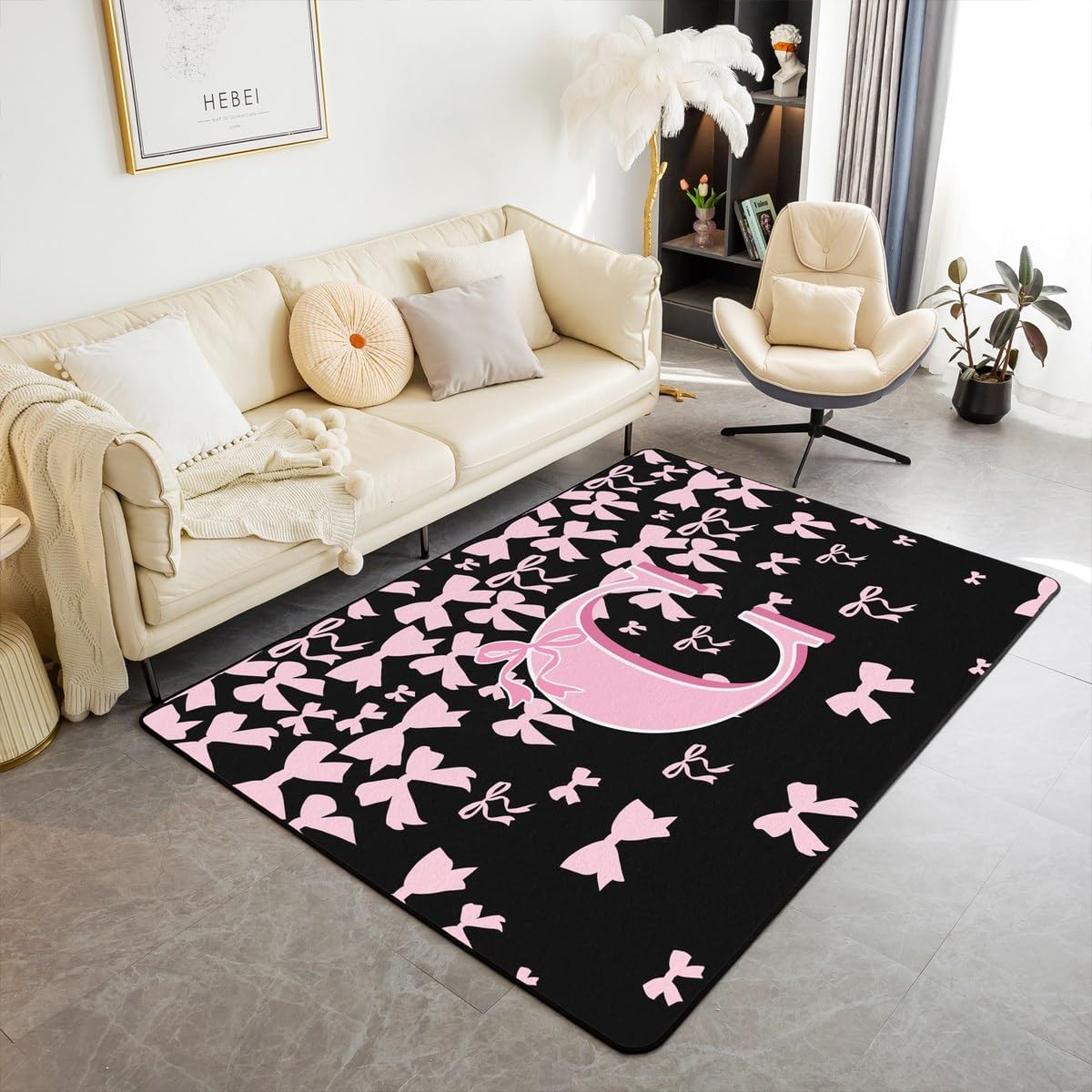 jejeloiu Girls Cute Bow Area Rug 5x7 Polyester Initial Letter K Living Room Rugs for Bedroom Black Pink Coquette Bowknot Decor Carpet Monogrammed Indoor Floor Mat Dreamy Princess Style Soft Non-Slip