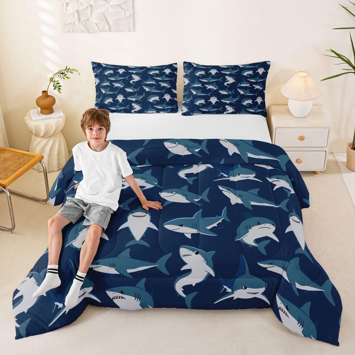 Feelyou Shark Comforter Set All Season Ocean Sea Shark Lover Gifts Bedding Set with 1 Pillow Cases Underwater Animal Microfiber Kids Twin Ocean Blue Bedroom Decor Nautical Marine Duvet Quilt Soft