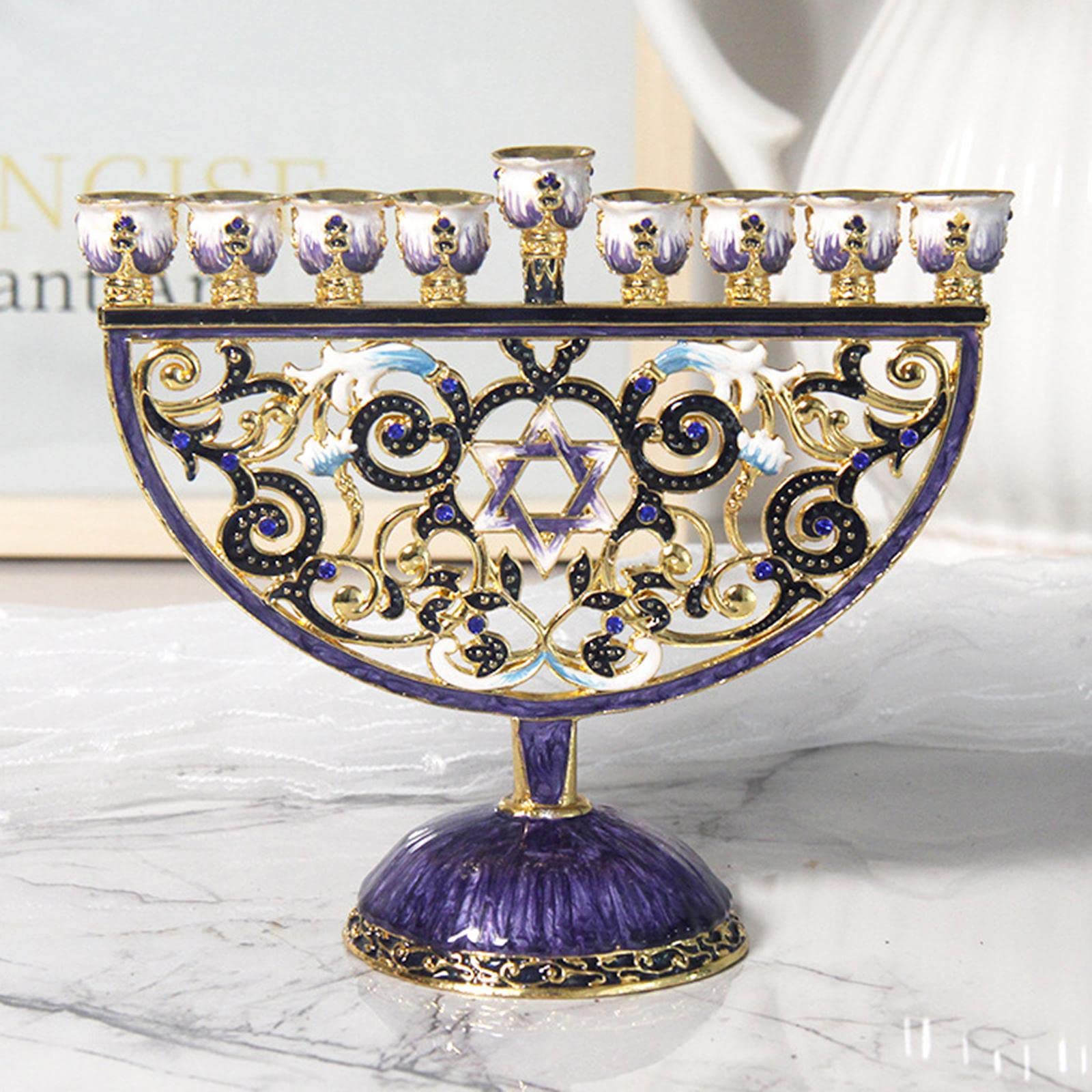 Menorah Candelabro Brazos en Metal Esmalte Adornado Motivo Floral Pintado Detalles de Cristal Adecuado para Oración Religiosa Sinagoga y