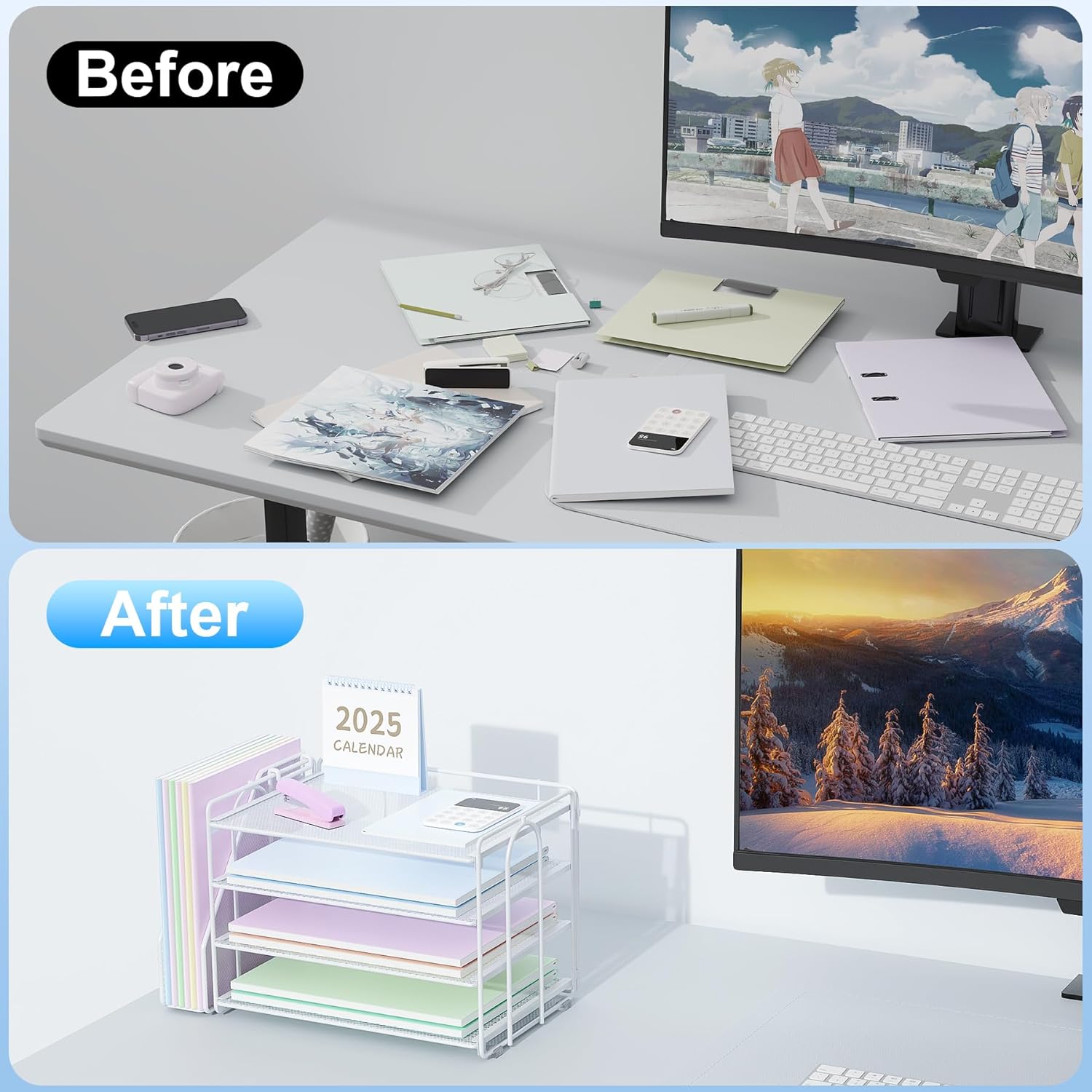 Spacrea Desk Organizers and Accessories, Paper Organizer for Desk with File organizer, Desk Accessories & Workspace Organizers for Office Supplies (White) - Image 2