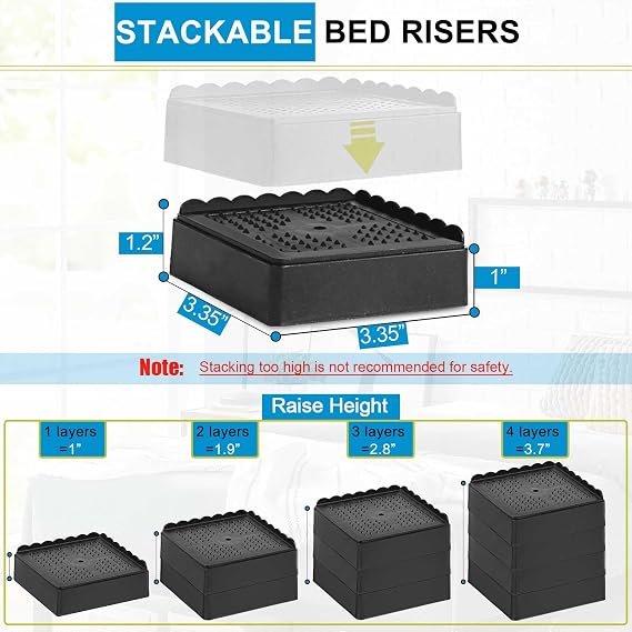 Bed Risers 1 inch, 2 inch, 3 inch, 4 inch Heavy Duty, Adjustable Furniture Riser for Table Desk Couch Sofa Chair Recliner Leg Frame Dorm, Stackable Bed Raisers Blocks (Black 16 Pack, 1 inch)