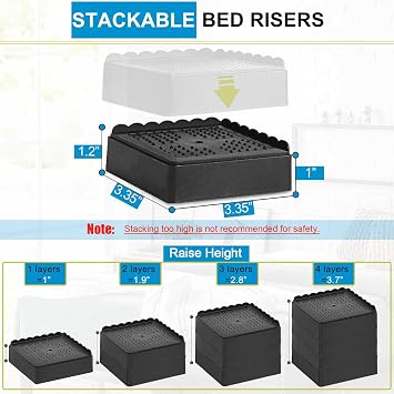 Bed Risers 1 inch, 2 inch, 3 inch, 4 inch Heavy Duty, Adjustable Furniture Riser for Table Desk Couch Sofa Chair Recliner Leg Frame Dorm, Stackable Bed Raisers Blocks (Black 16 Pack, 1 inch)