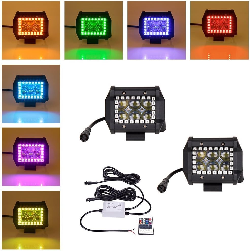 Nicoko 4" 18W CREE 4D LED Work Light Bar Spot Beam 30 Degree Waterproof RGB Halo Ring Prebuit Off-Road Truck Car ATV SUV Boat 4WD ATV Auxiliary Driving Lamp 3 Meter wireharness Pack 2