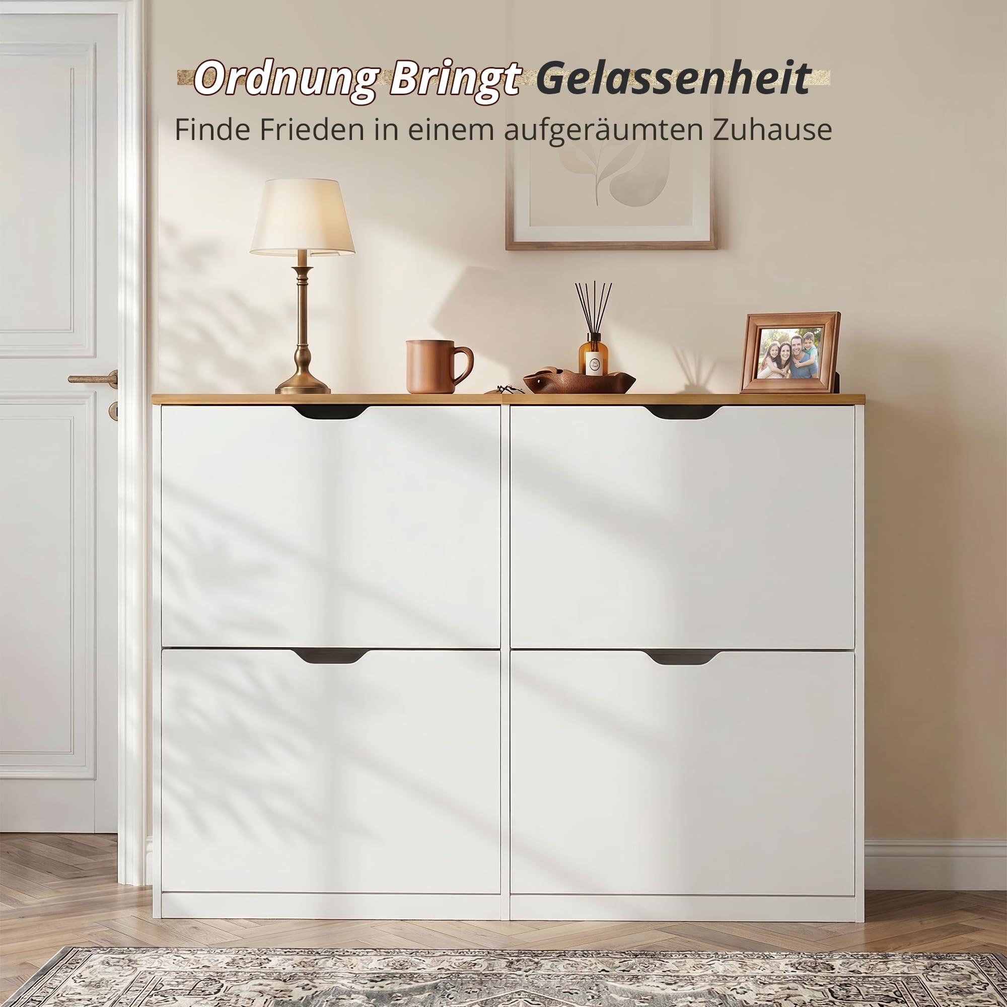 LUE BONA Schuhschrank mit 4 Flip-Klappen,Schuhschrank Schmal 23 cm Tiefe,Schuhkipper Geschlossen mit Verstellbaren Trennwänden für Flur,Eingangsbereich,16 Paar Schuhe,110 x 23 x 80,Weiß+Naturholz