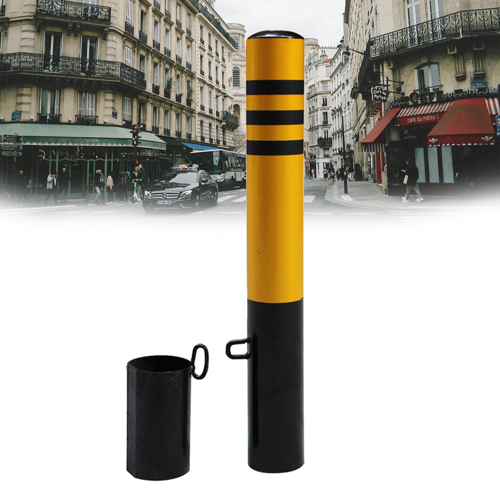 Bolardo de acero amarillo para seguridad en estacionamientos, barrera de control de tráfico para entradas de vehículos, 1 unidad de 600 mm/23,6 pulgadas.