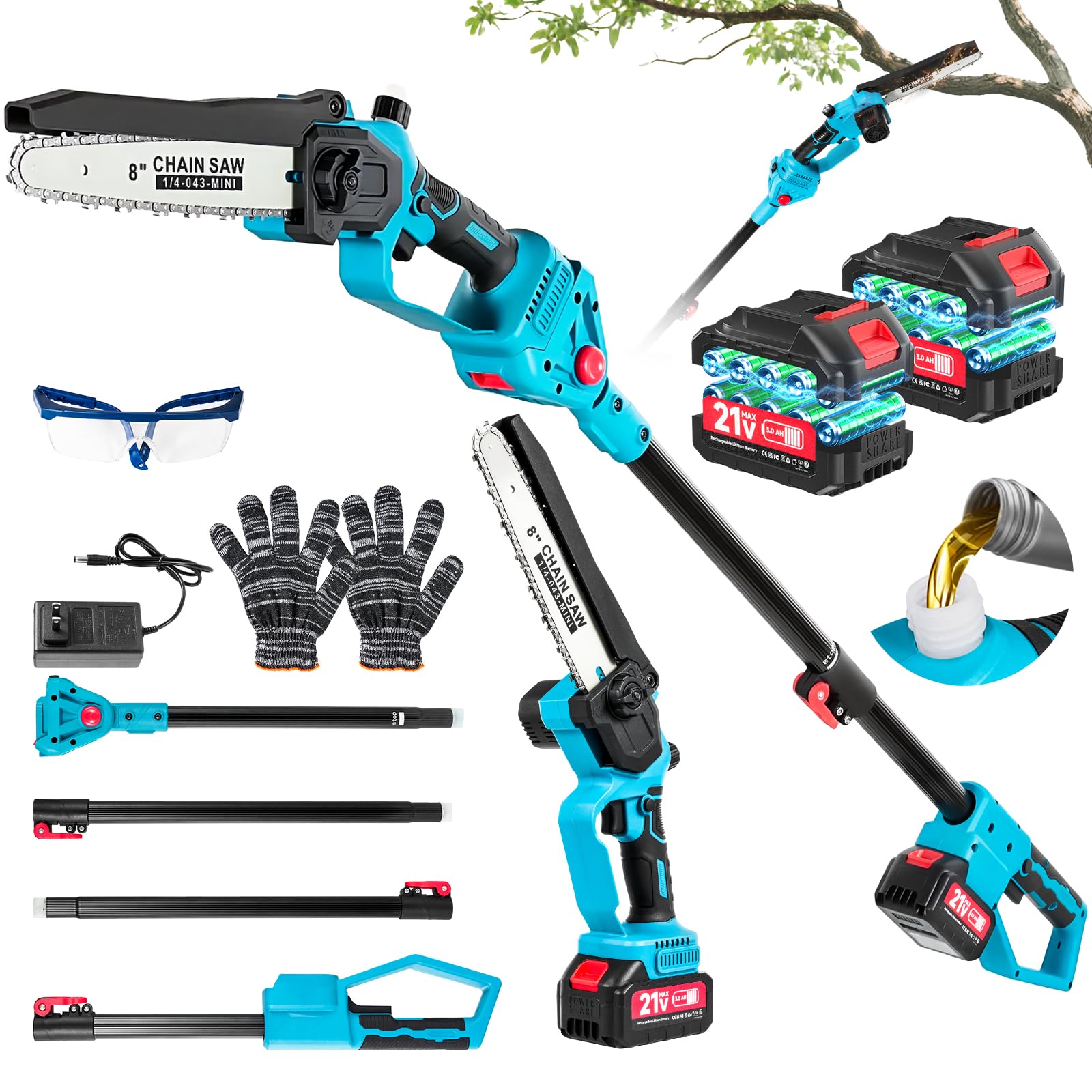 Cordless Pole Saw & Mini Chainsaw 2 in 1, 8 Inch Brushless Electric Cordless Chainsaw, with Retractable Extension Rod Up to 13.8 Feet, with 2 x 3.0Ah Batteries for Tree Trimming & Cutting Branches