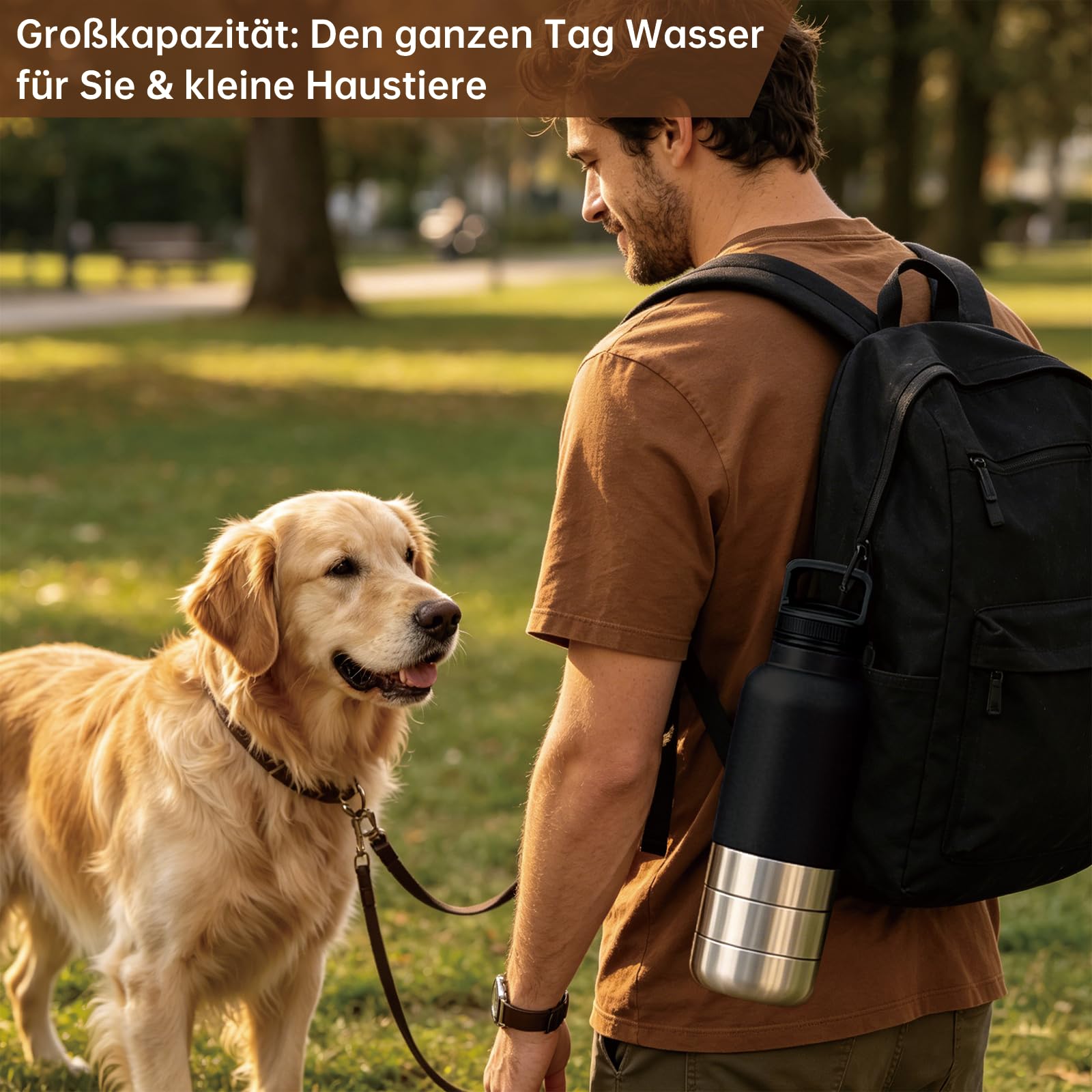 Borraccia per cani 4 in 1, per viaggi, in acciaio inox, isolata, con 3 ciotole, a prova di perdite, per persone e cani, passeggiate, escursioni, viaggi