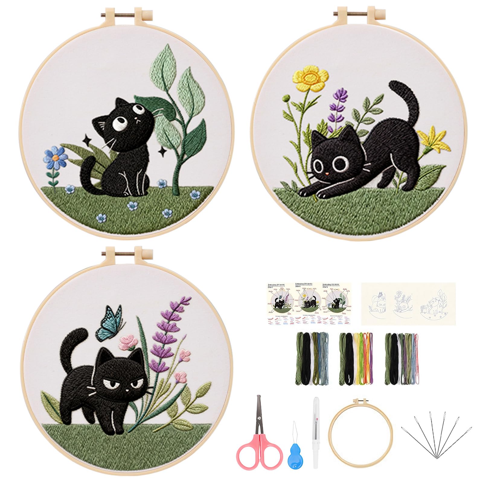 COGVOHY 3 PCS Embroidery Kit for Beginners, Stitch DIY Craft Set for Adults with Cat Pattern, Hand Embroidery Kit with Cotton Thread, Hoop, Needles, Threader, Seam Ripper, Instructions (B)