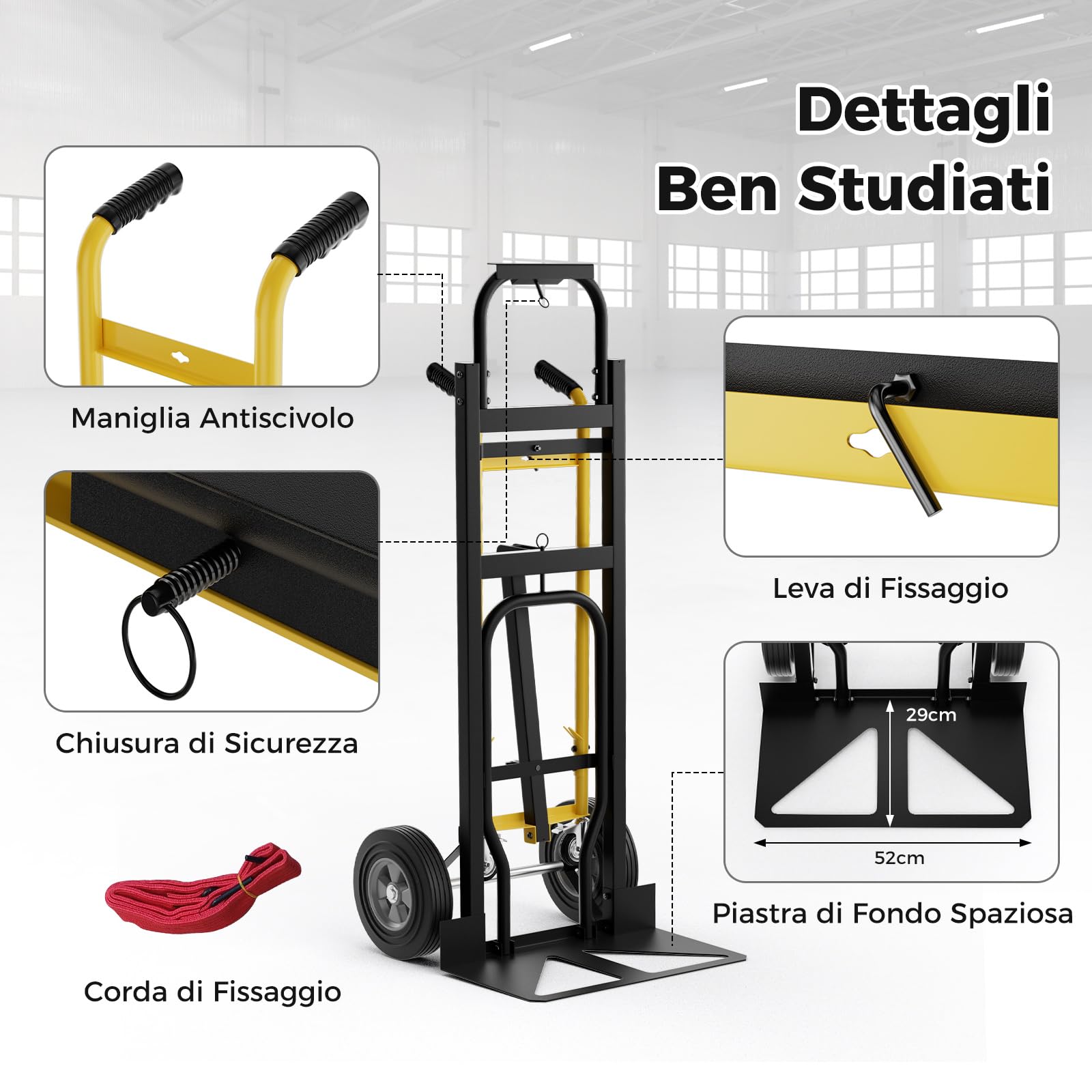 COSTWAY 3 in 1 Carrello a Mano, Carrello Portapacchi con 4 Ruote in Gomma, Carrello Pieghevole per Trasporto e Spostamento in Magazzino, Casa, Portata Massima 450 kg (Nero)