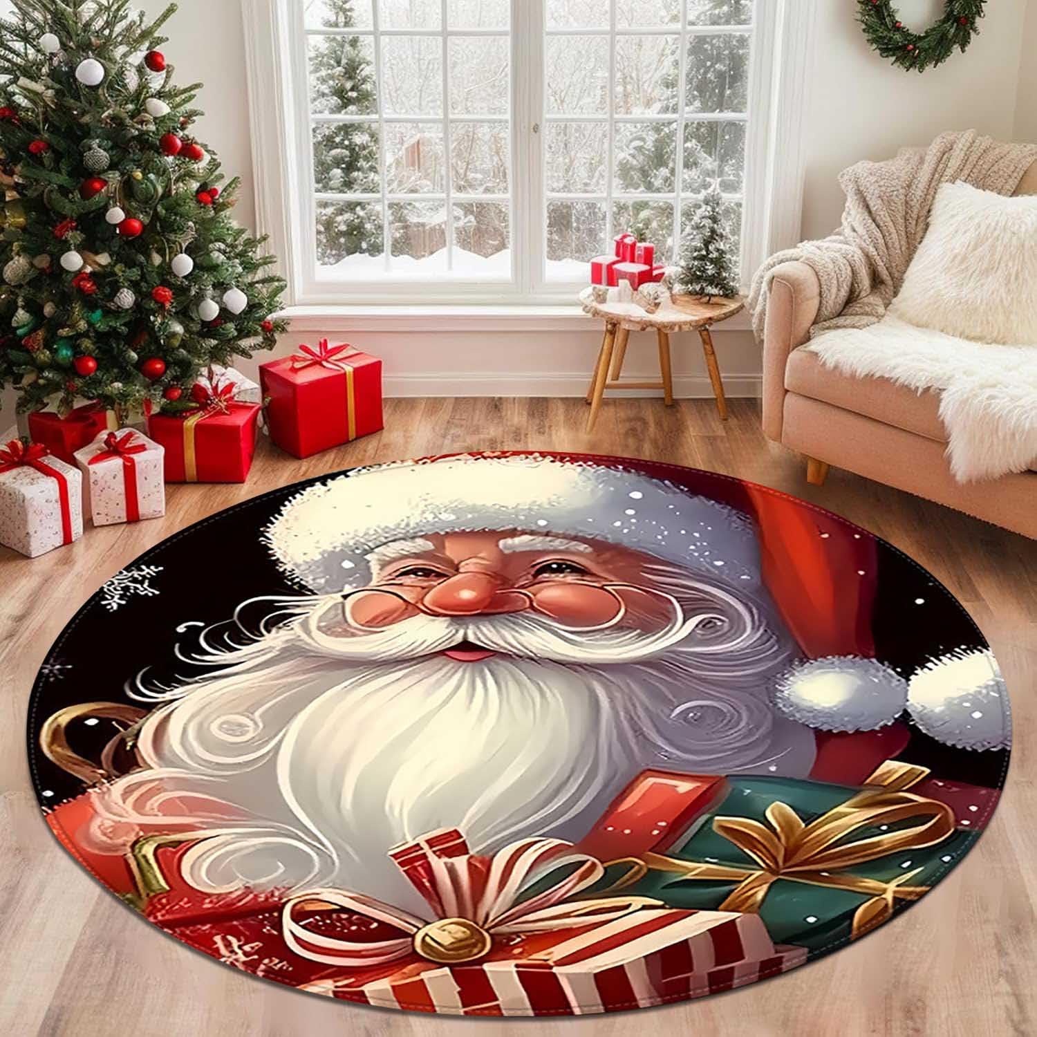 XQKXHZ Round Christmas Rugs for Living Room,3D Santa Claus Decoration Circular Office Rug,Non Slip Christmas Kitchen Rugs,Winter Xmas Washable Area Rug for Entryway Dining Room Bathroom Fireside,80cm