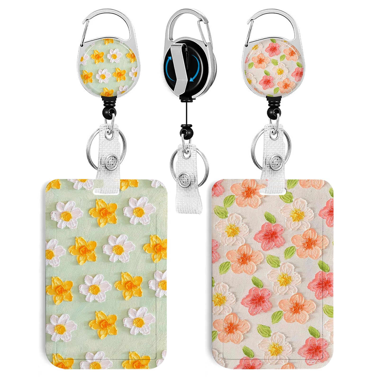 2 Pack Flowers ID Badge Holder with Clip Badge Reels Retractable Heavy Duty,Keychain，ID Holder for School Nurse Office 5