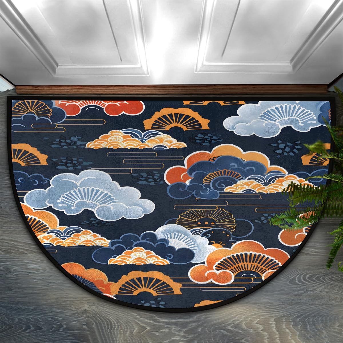 Half Round Door Mat Japan Abstract Cloud Colorful Half Moon Rug Washable Half Circle Area Rugs Indoor Entrance Non Slip Semi Circle Bathroom Rugs Floor Carpet for Kithen Bedroom Fireplace Decor