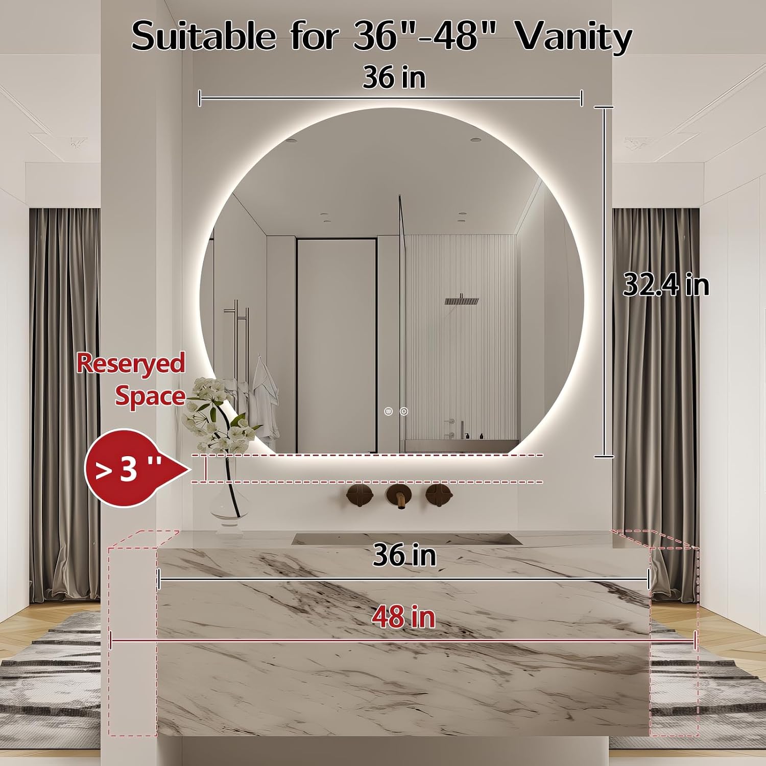 niccy half moon round led bathroom mirror for wall, 36" irregular led mirror with anti-fog, 3-color adjustal, dimmable, semi circle frameless makeup mirror for bathroom, explosion-proof 32.4"l x 36"w