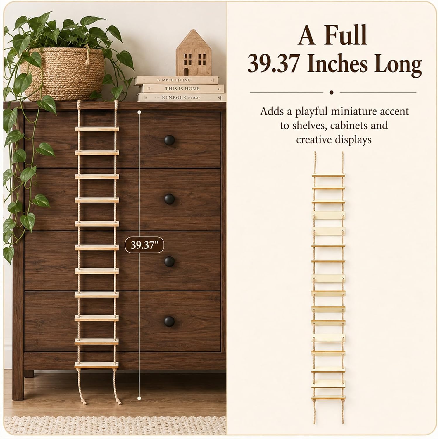 Mini Wooden Rope Ladder, 2-Pack, 39.37 in, Fairy Garden Decor