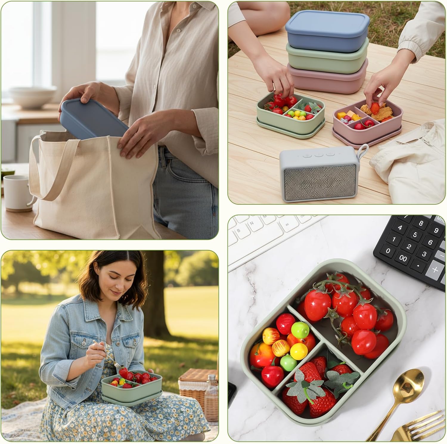 SHENLIU 6 Pcs Silicone Bento Box Reusable Silicone Bento Lunch Container for Adults 3 Compartments Lunch Box with Lids Leak-Proof & BPA-Free Microwave Dishwasher Freezer Safe (3 Colors)