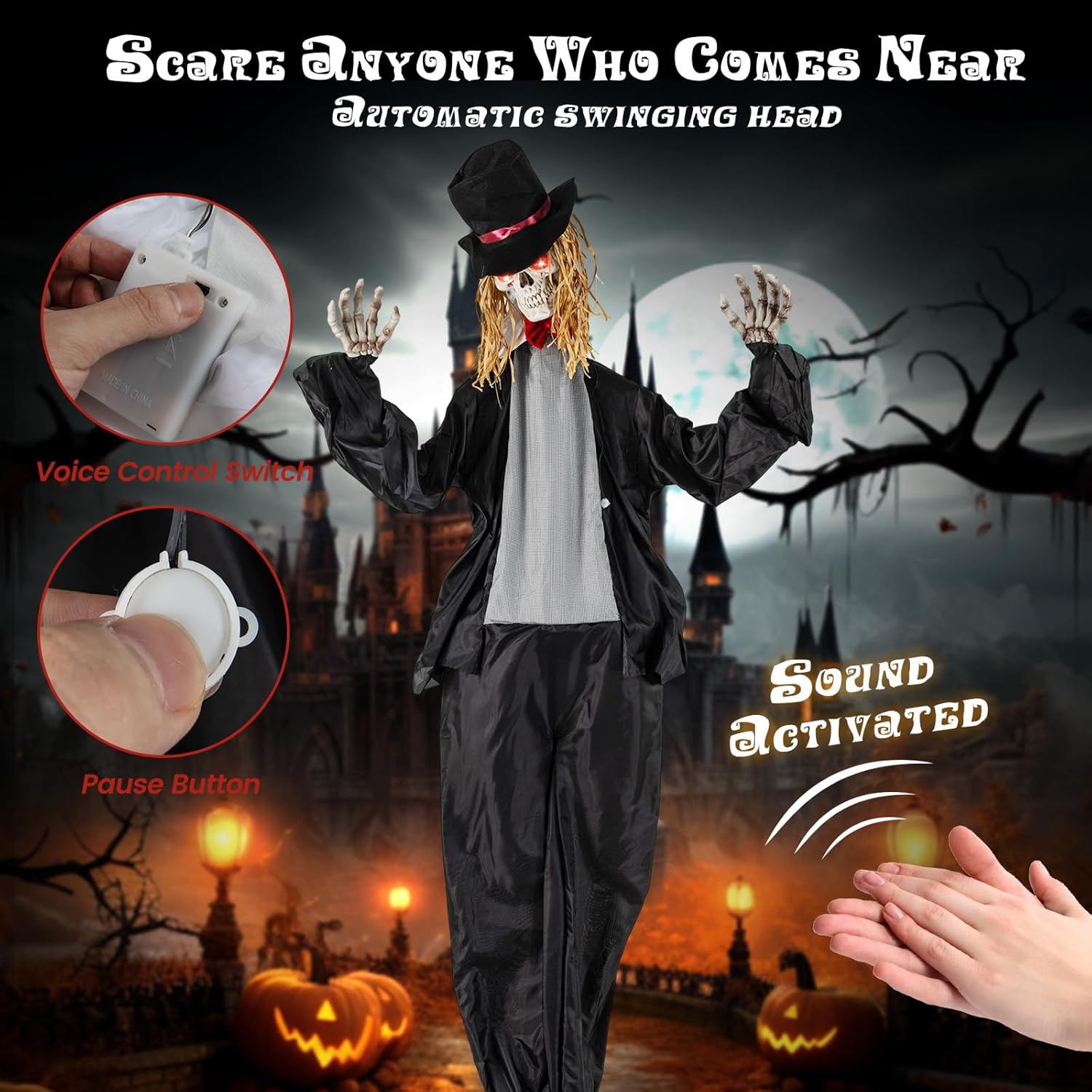 BECOMFORT 7.2 FT Halloween Animatronics, Sound-Activated Skeleton Groom with Glowing Eyes, Creepy Sounds, Moving Head & Posable Arms, Animated Halloween Props Decoration for Indoor & Outdoor