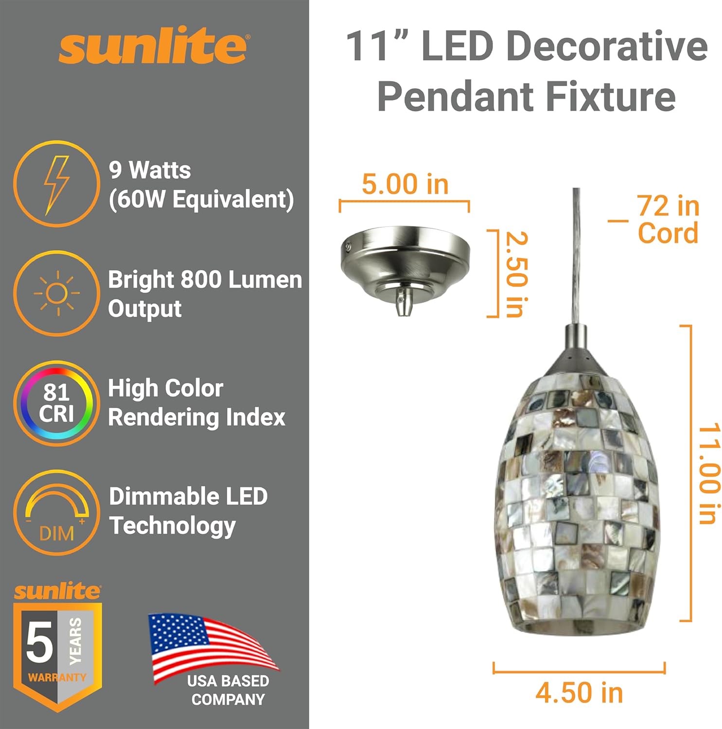 Sunlite 11 Inch LED Decorative Pendant Light Fixture, 9 Watts (60 Watt Equivalent), 800 Lumens, Dimmable, Glass Shade, Brushed Nickel Finish, ETL Listed, Venice