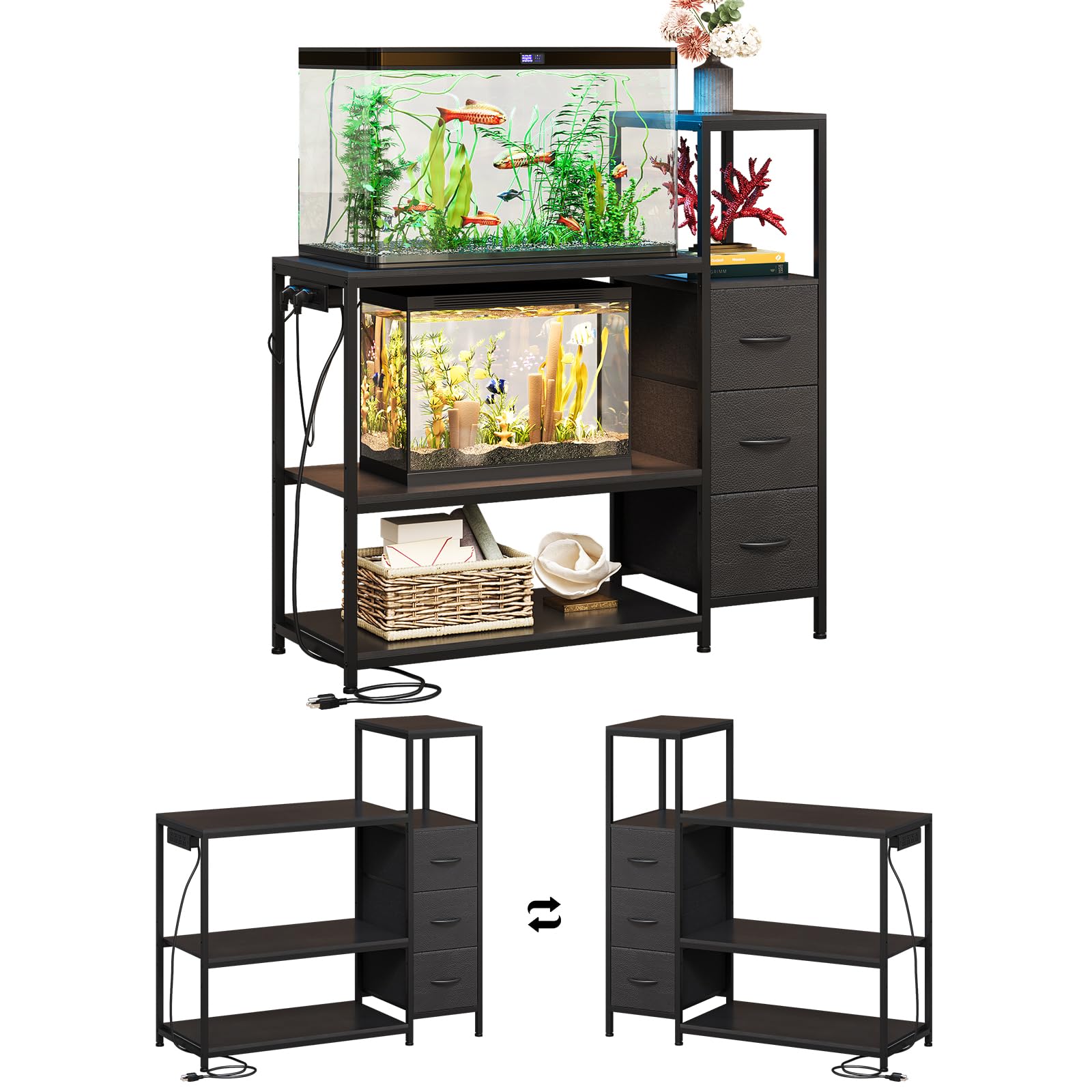 20 Gallon Aquarium Stand with Drawers &amp; Power Outlet, Black | Fits 20 Gallon Tanks; Reptile Tank Stand; 3-Tier Storage Shelves; Adjustable Height; Heavy-Duty Metal Frame