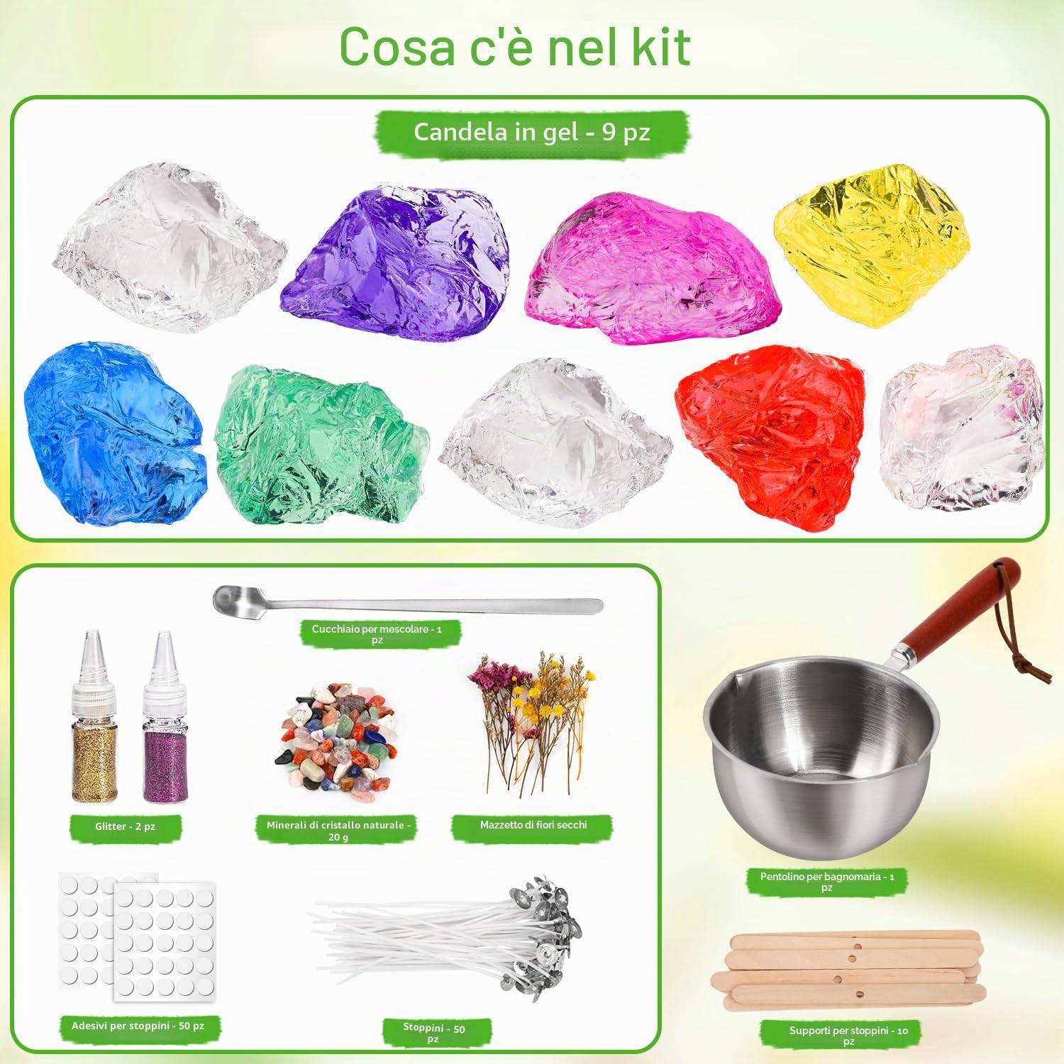 Blingfun Kit Completo per Candele in Gel - 9 Barattoli di Cera Gel -7 Colori con Stoppini, Adesivi, Supporti in Legno - Set DIY per Creare Candele Trasparenti Profumate - Ideale Regalo Creativo