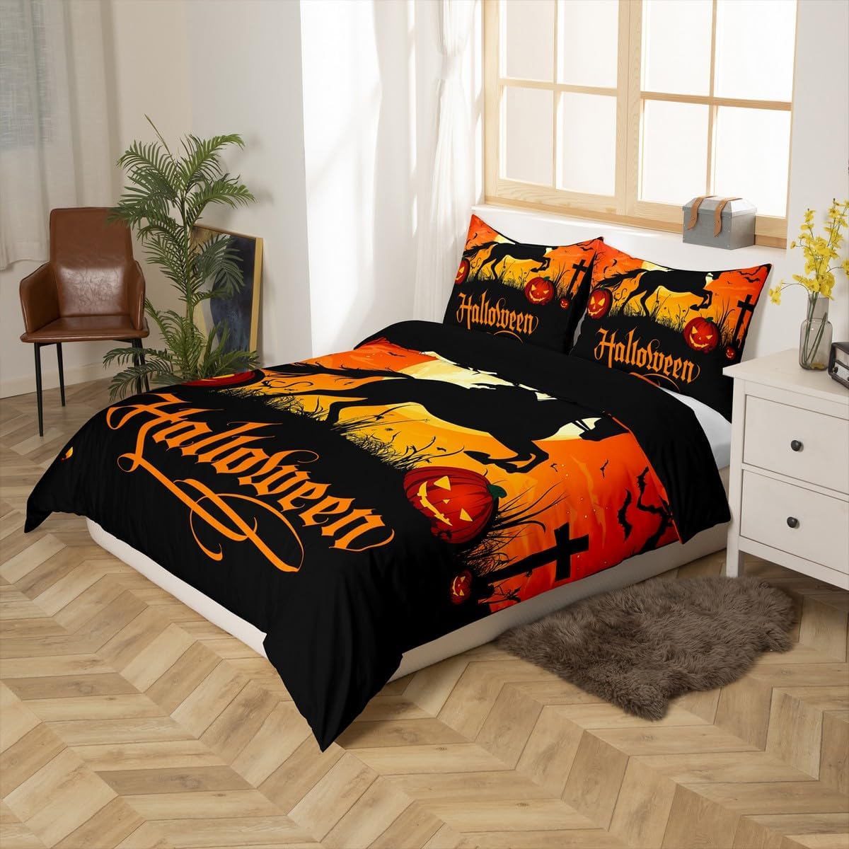 Erosebridal Halloween Themed Bed Sets Queen Kawaii Pumpkin Bats Duvet Cover Full Moon Print Bedding Set Magic Horse Comforter Cover Creepy Graveyard Quilt Cover 3pcs with 2 Pillow Sham