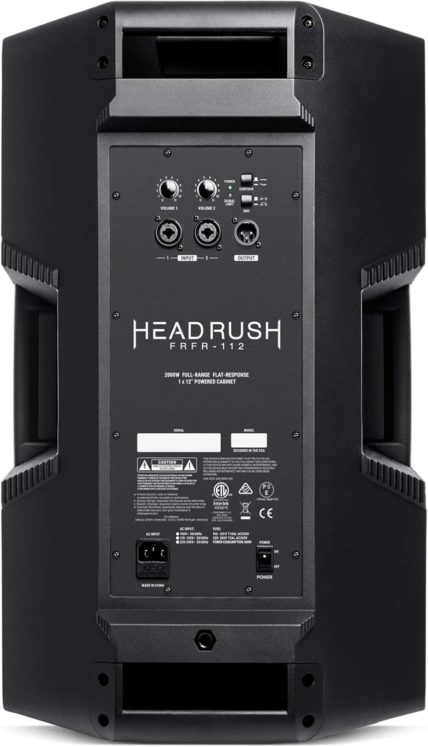 Rear panel of the HeadRush FRFR-112 showing inputs, outputs, and controls.