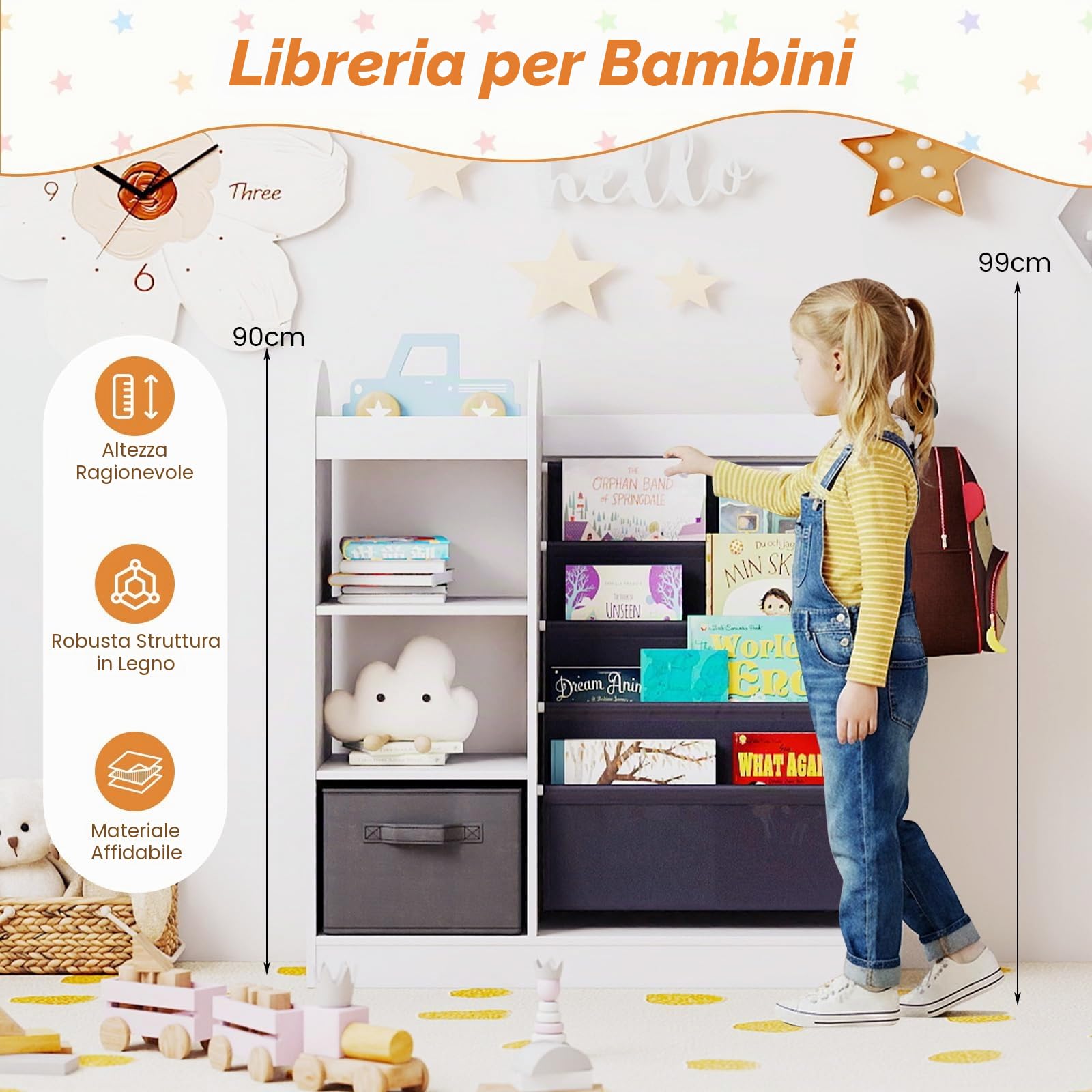 RELAX4LIFE Scaffale Portagiochi Bambini, Libreria con Specchio, 3 Ganci e Cassetto Rimovibile, Scaffale Montessori Bambini per Cameretta, Stanza Giochi e Asilo (Bianco)