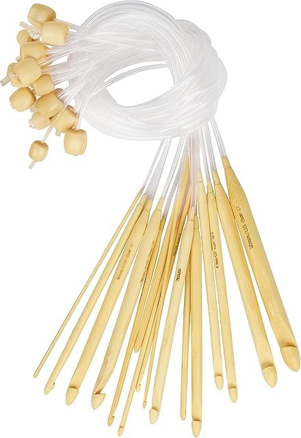 Curtzy Bamboo Wood Crochet Hooks with Plastic Cable (16 Pairs) - 2-12mm Sizes - Tunisian Hook Needles Set with Bead Ends - for Knitting Yarn, Weave Craft and Crocheting Projects