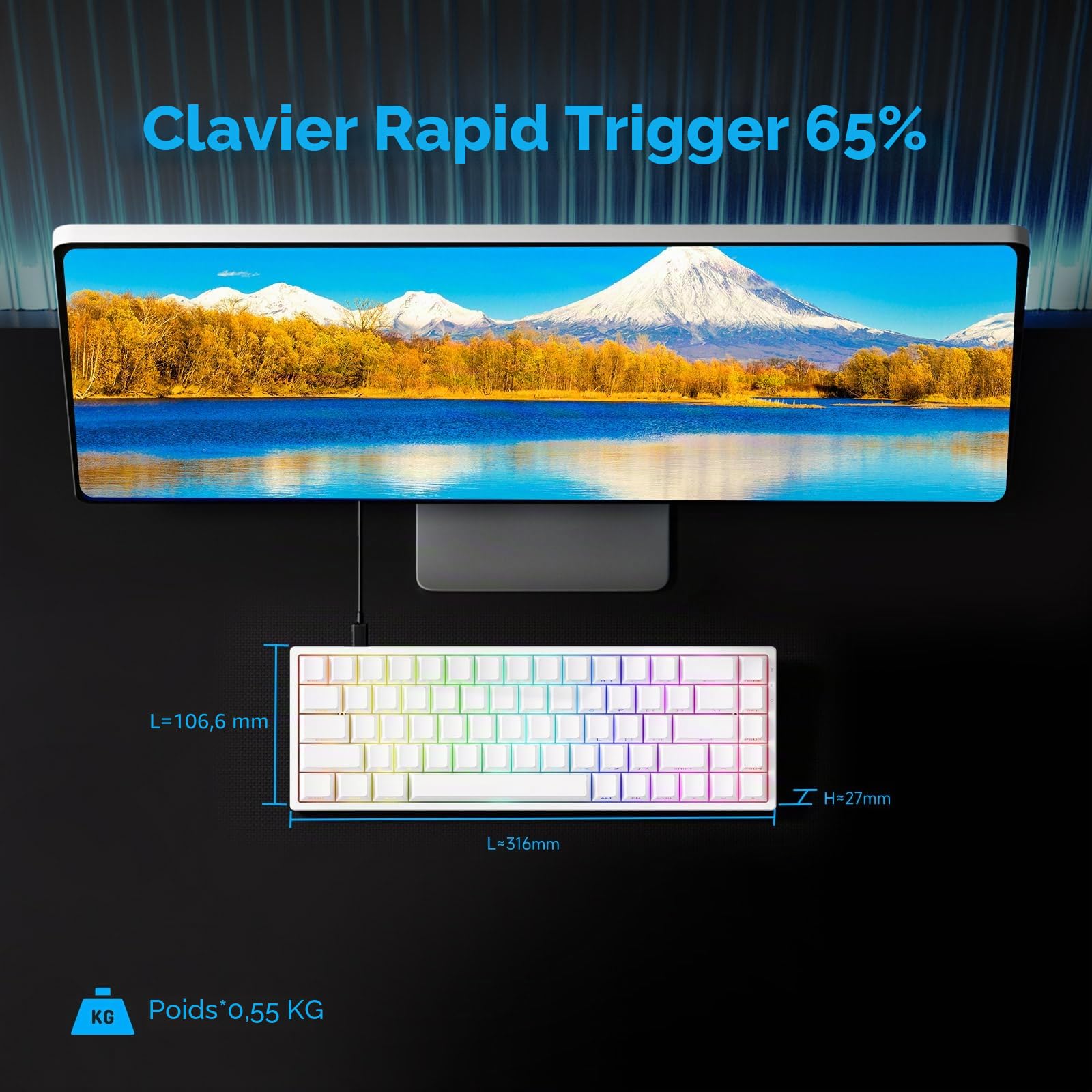 MONSGEEK FUN68 HE Clavier 65% Hall Effect Rapid Trigger QWERTY Filaire | Clavier Gaming Blanc Switch Magnétique, RT0.005mm, Taux 8000Hz, Activation Réglable pour FPS PC Mac