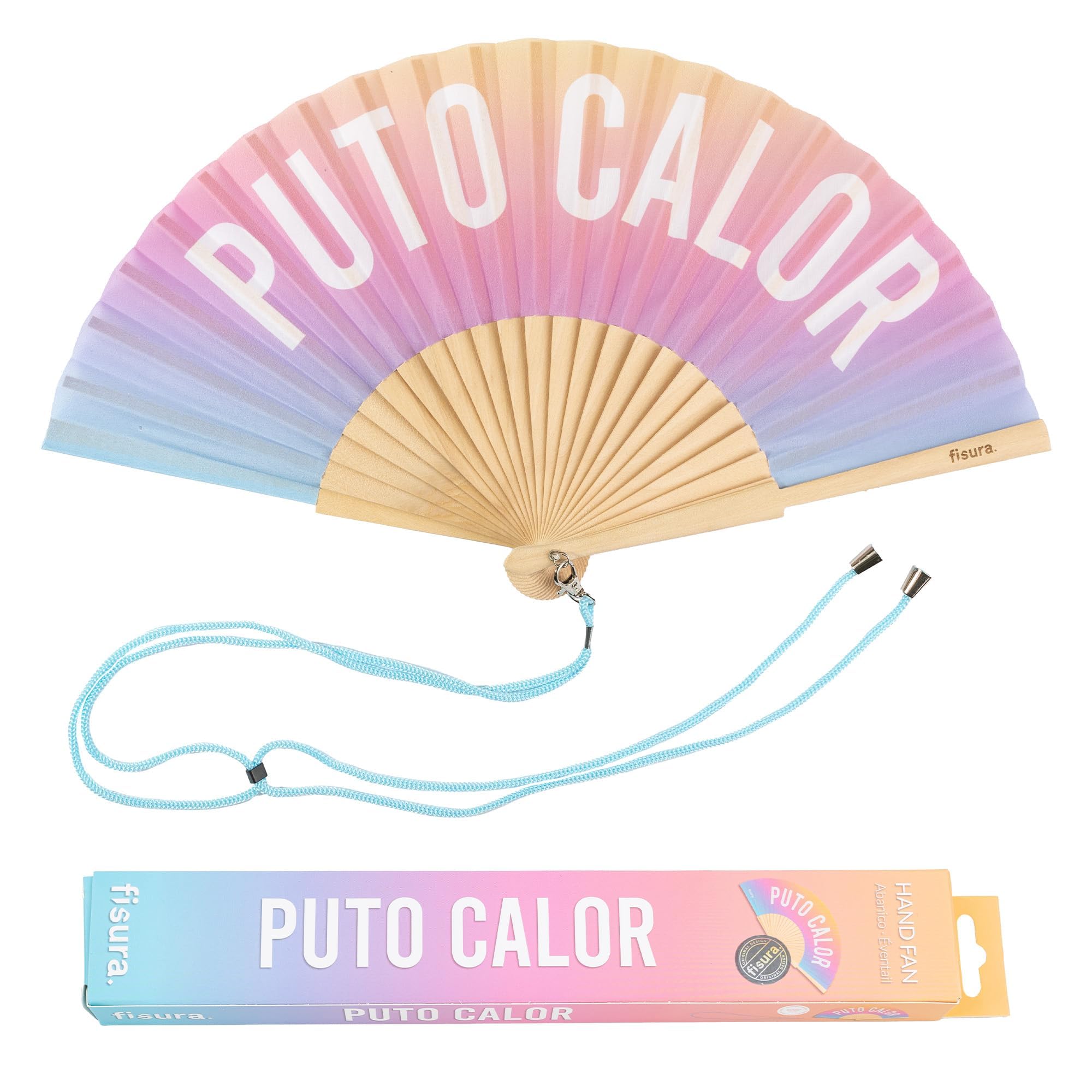 Fisura - Original fan with message in spanish p*to calor and others Modern and funny wooden fan. Measurements: 42,5 x 23 cm. Wood and textile. (Calor, gradient)