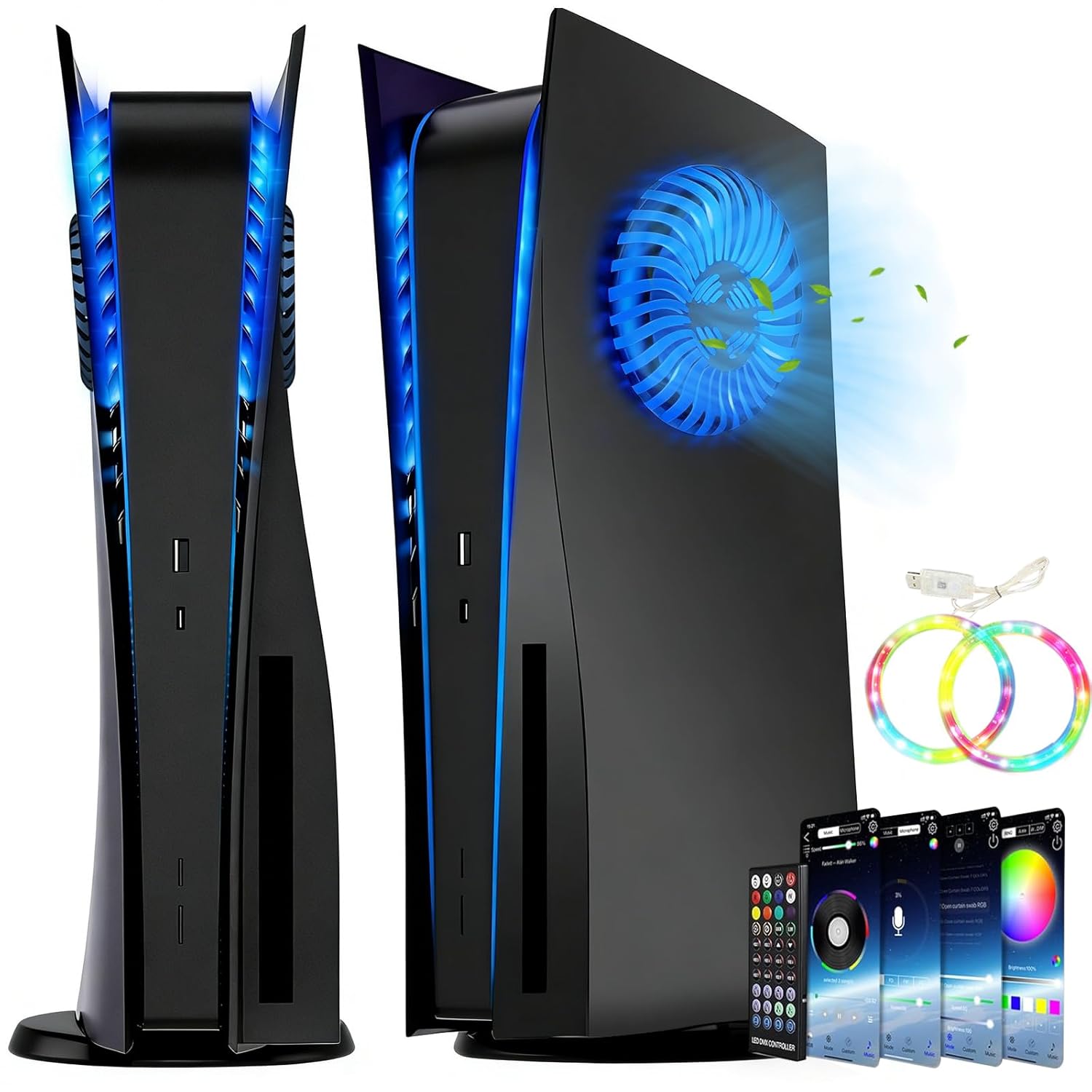 2020 PS5 Console Cover Plates for PS5 Disc Edition with Vent & RGB LED Light Strip Accessories, Replacement Shell ABS Hard Anti-Scratch Dustproof Protective Skin Faceplate for PlayStation 5, Black