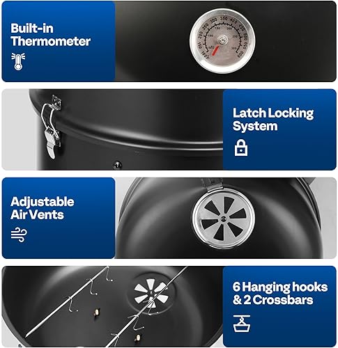 Miniatura 5 de VIVOHOME Ahumador vertical de carbón 3 en 1, parrilla ahumadora de barbacoa con termómetro integrado, ventilación de aire y 2 puertas de acceso,