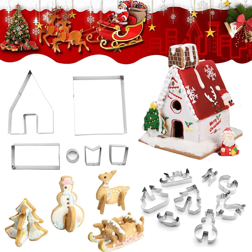 ShengHai 3D Christmas Cookie Cutter Set - 14 Piece Favorite Holiday Cookie Cutters, Include: Christmas Gingerbread House, Snowman, Christmas Tree, Deer and Sled