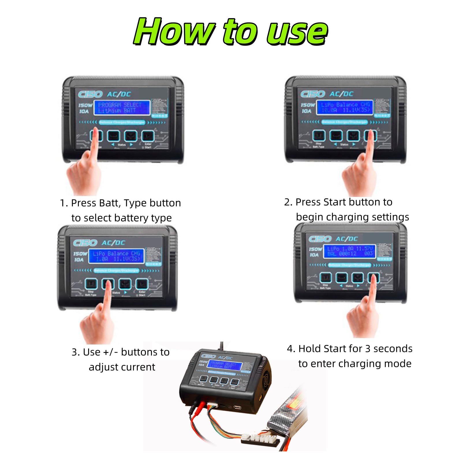Ładowarka C150 150 W 10 A, inteligentna, rozładowująca, ładowarka RC do akumulatorów LiPo Li-ion LiFe LiHV NiMH NiCd PB, ze sterowaniem za pomocą ekranu LCD, wieloma interfejsami i portem USB
