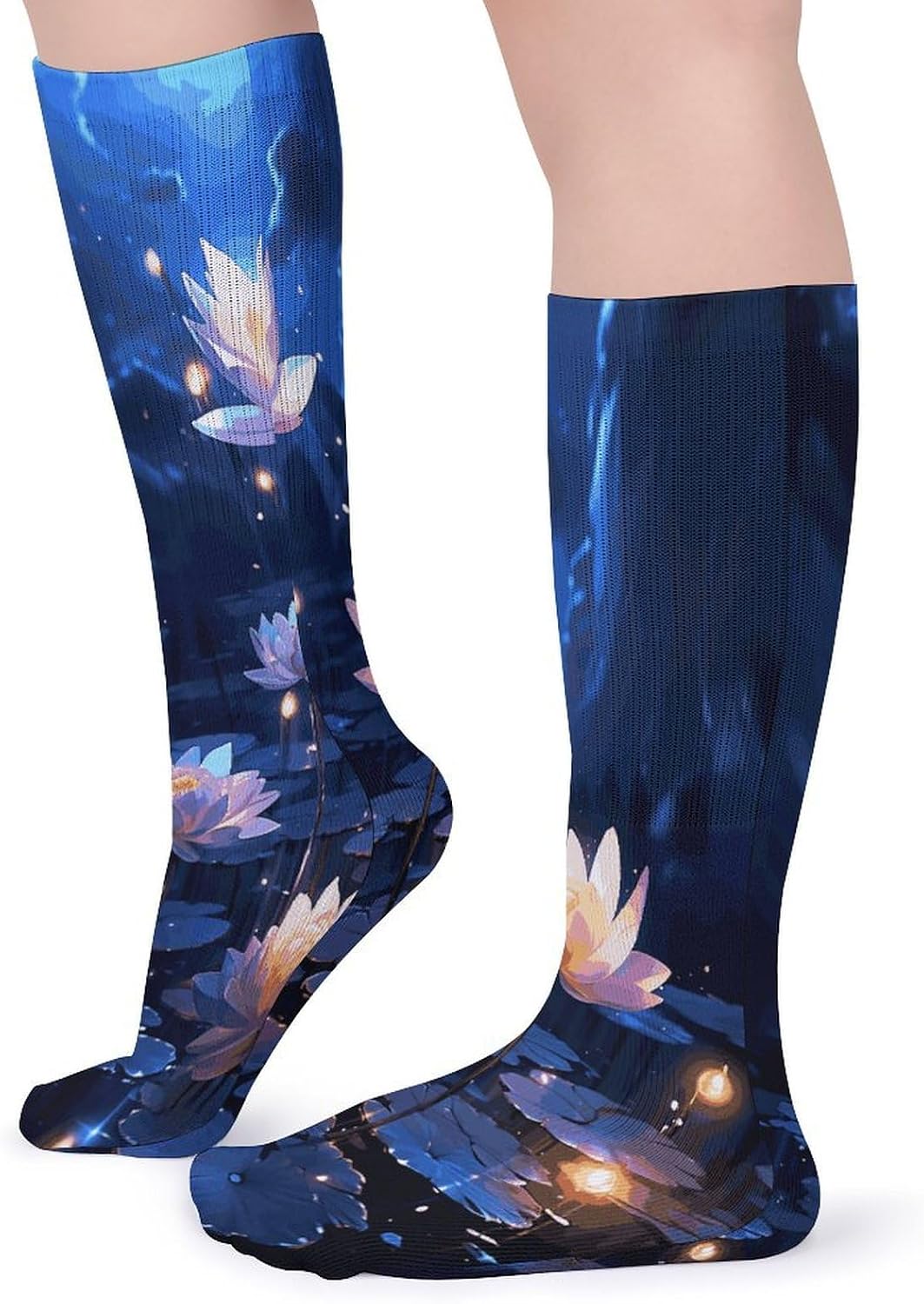 Night Lotus Flowers Knee High Socks Cozy Knee High Socks Soft Mid-Length Sock for All Seasons Daily Wear Adult