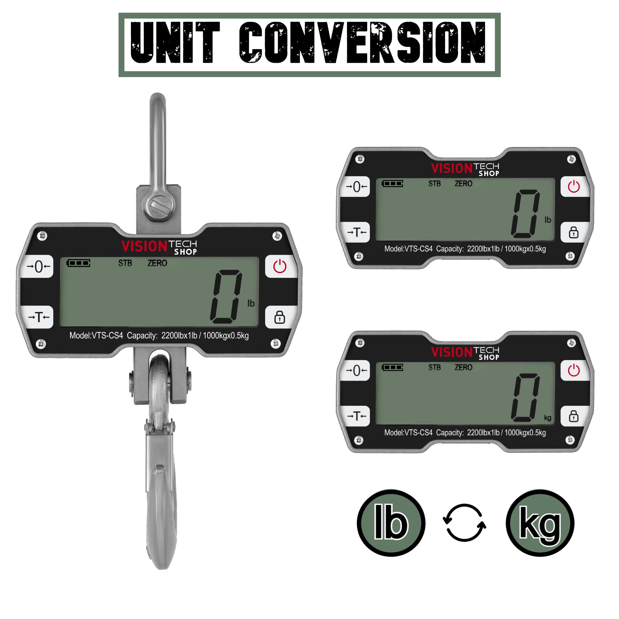 VisionTechShop VTS-CS4 - Báscula digital de grúa de 2200 lb/1000 kg, báscula industrial compacta colgante resistente con control remoto, pantalla LCD grande, retroiluminación para granja, fábrica,
