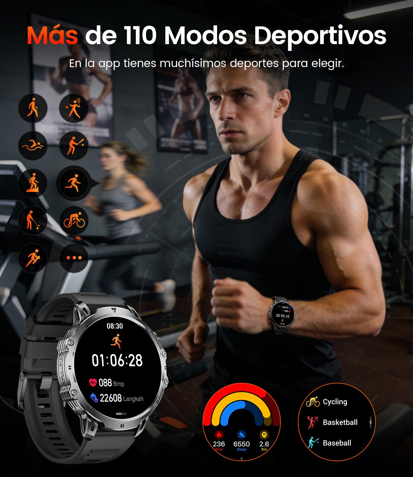 2026 Reloj Inteligente Hombre Militar-1000 mAh/1.85'' HD Pantalla,IP68 Impermeable Smartwatch con Lámp LED,130+ Modos Deportivos,Reloj de Fitness con Monitor de Frecuencia Cardíaca/Sueño,iOS Android