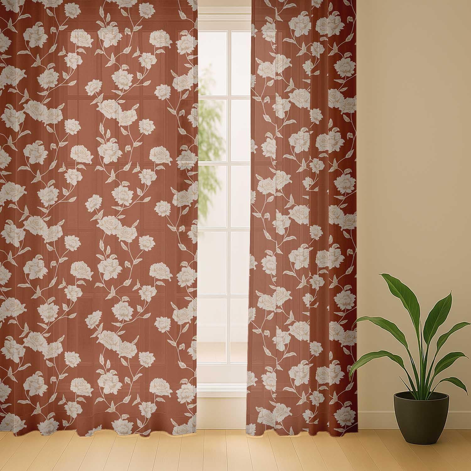 Brown Floral Vines Print Sheer Curtains for Short Windows - Set of 2 Panels, 63", Grommet Top, Printed Georgette, Light Filtering Drapes for Kitchen or Bedroom