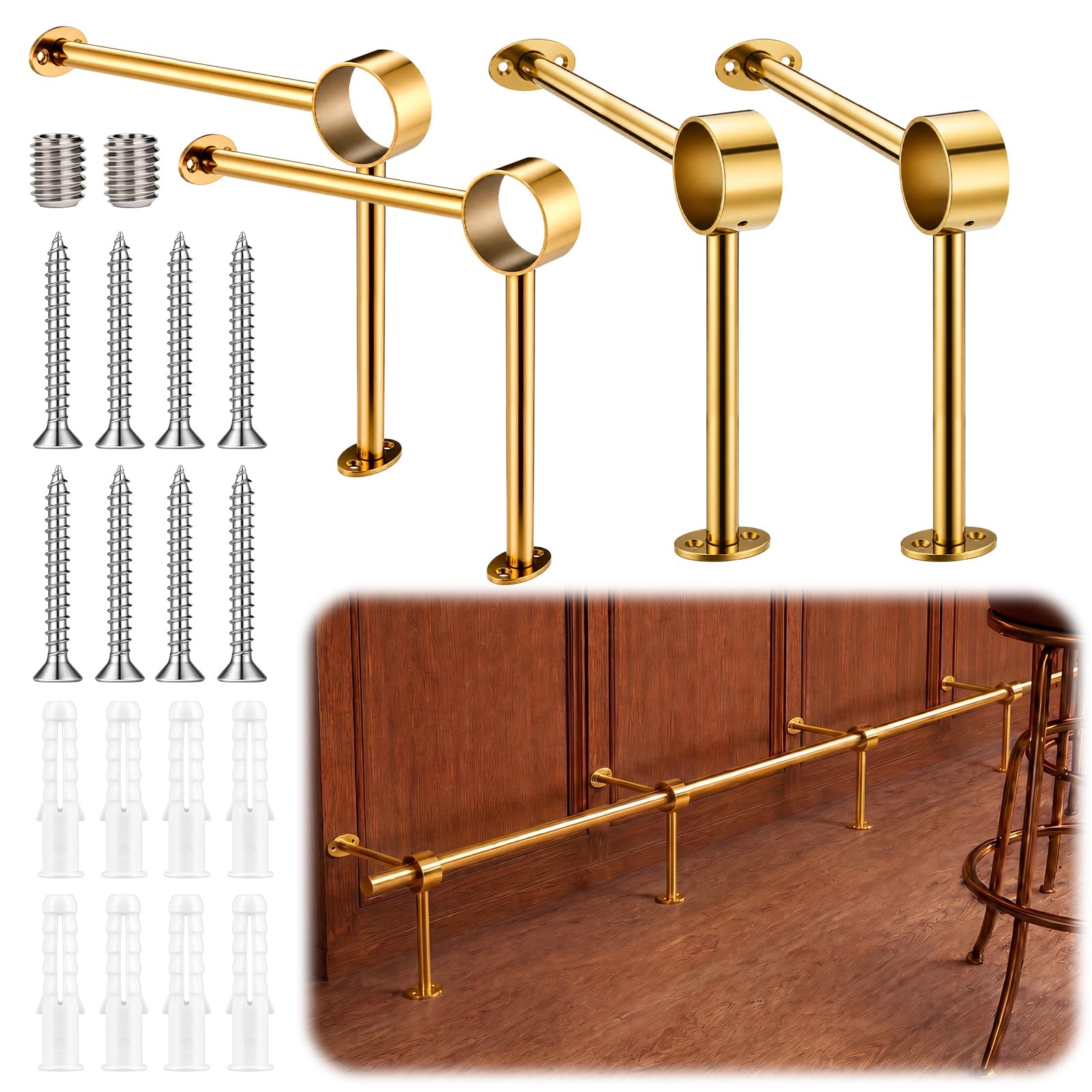 Photo 1 of 4 Pcs Bar Foot Rail Brackets Gold Stainless Steel Bar Floor Mount Combination Bracket Kit for 2" Od Legs Dual Support Bars Railing Rest with Screw for Counter Tubing Round Tube Railing